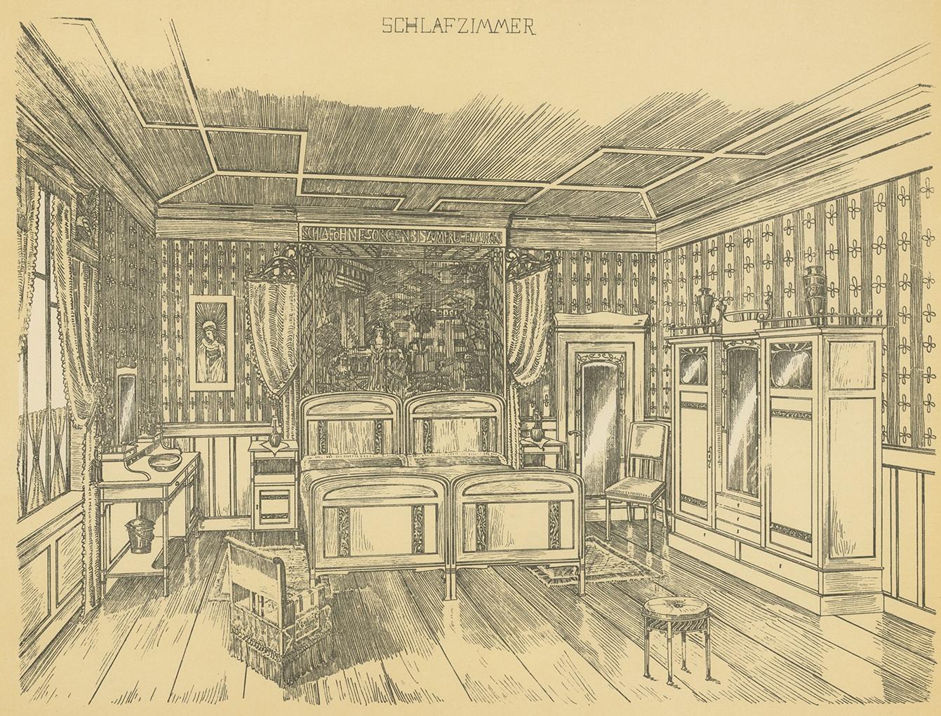 Impression ancienne décorative d'une chambre à coucher, publiée vers 1910 Bon état - En vente à Langweer, NL
