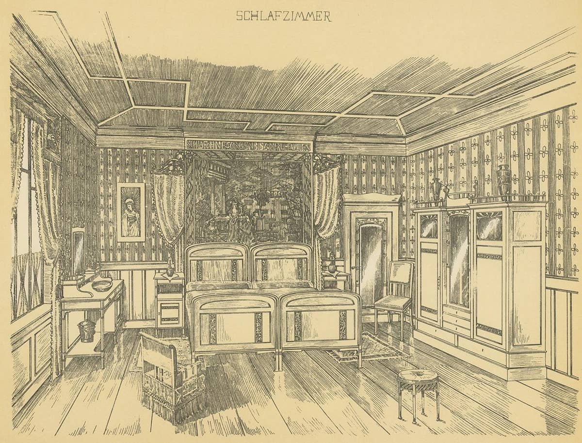 Decorative Antique Print of a Bedroom, Published circa 1910