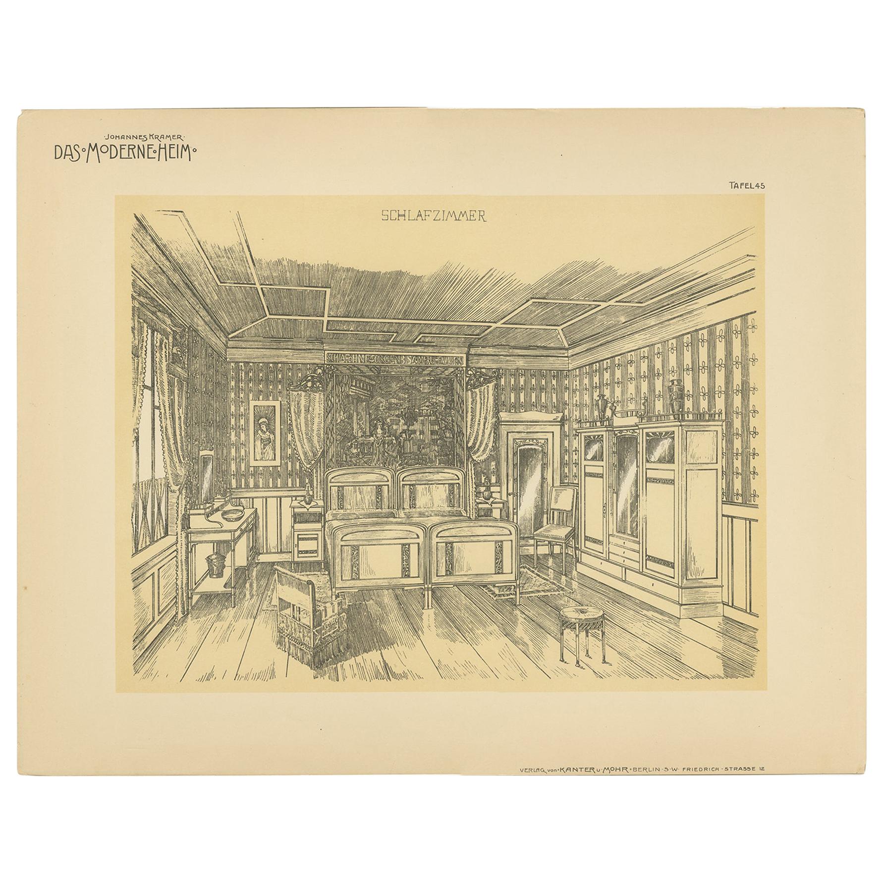Decorative Antique Print of a Bedroom, Published circa 1910 For Sale