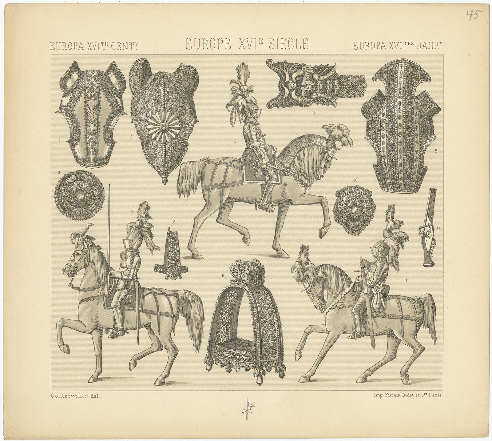 Antique print titled 'Europa XVIth Cent - Europe XVIe, Siecle - Europa XVItes Jahr'. Chromolithograph of European 16th century armaments. This print originates from 'Le Costume Historique' by M.A. Racinet. Published circa 1880.