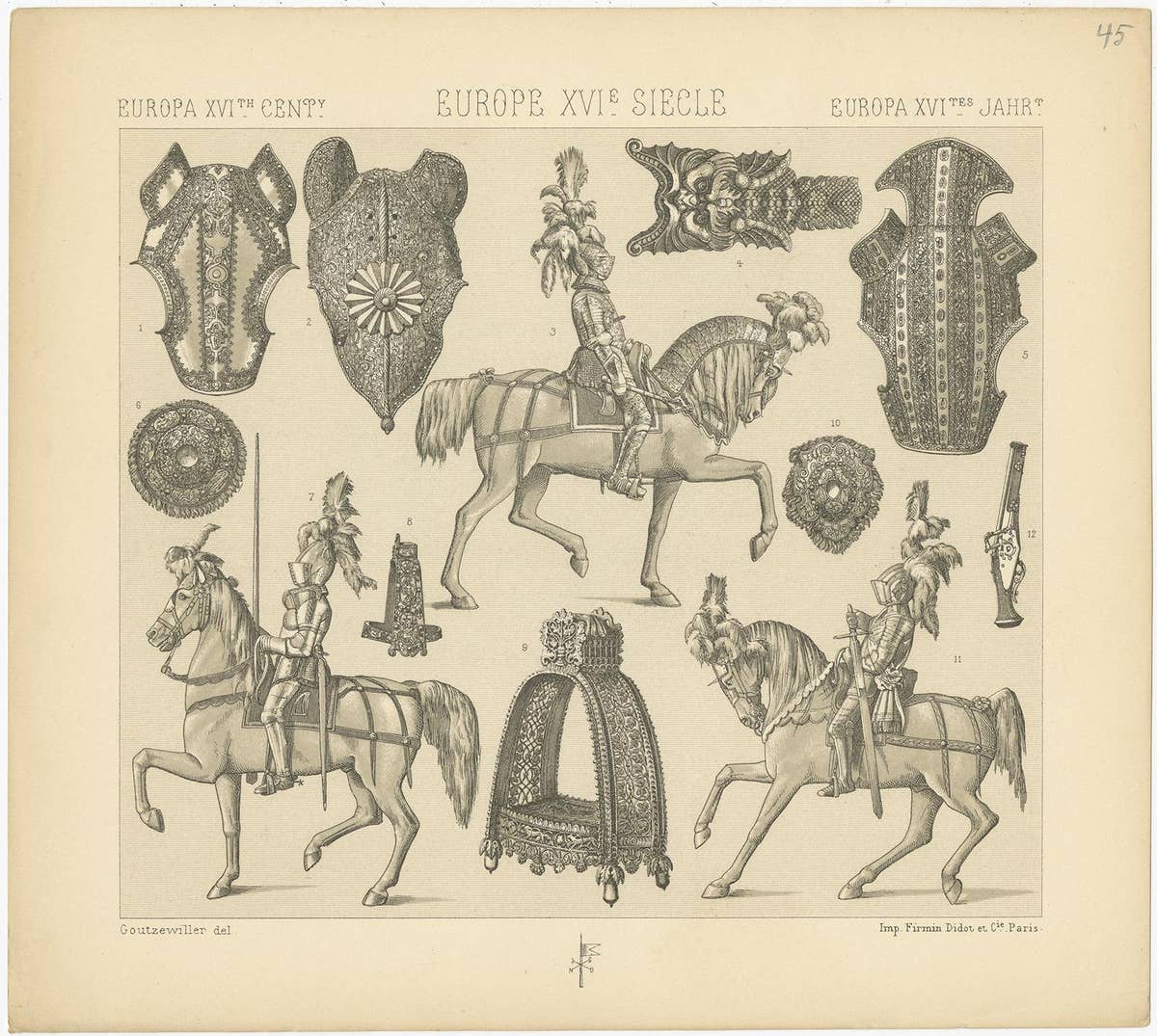 Pl. 45 Antique Print of European 16th Century Armaments by Racinet, circa 1880