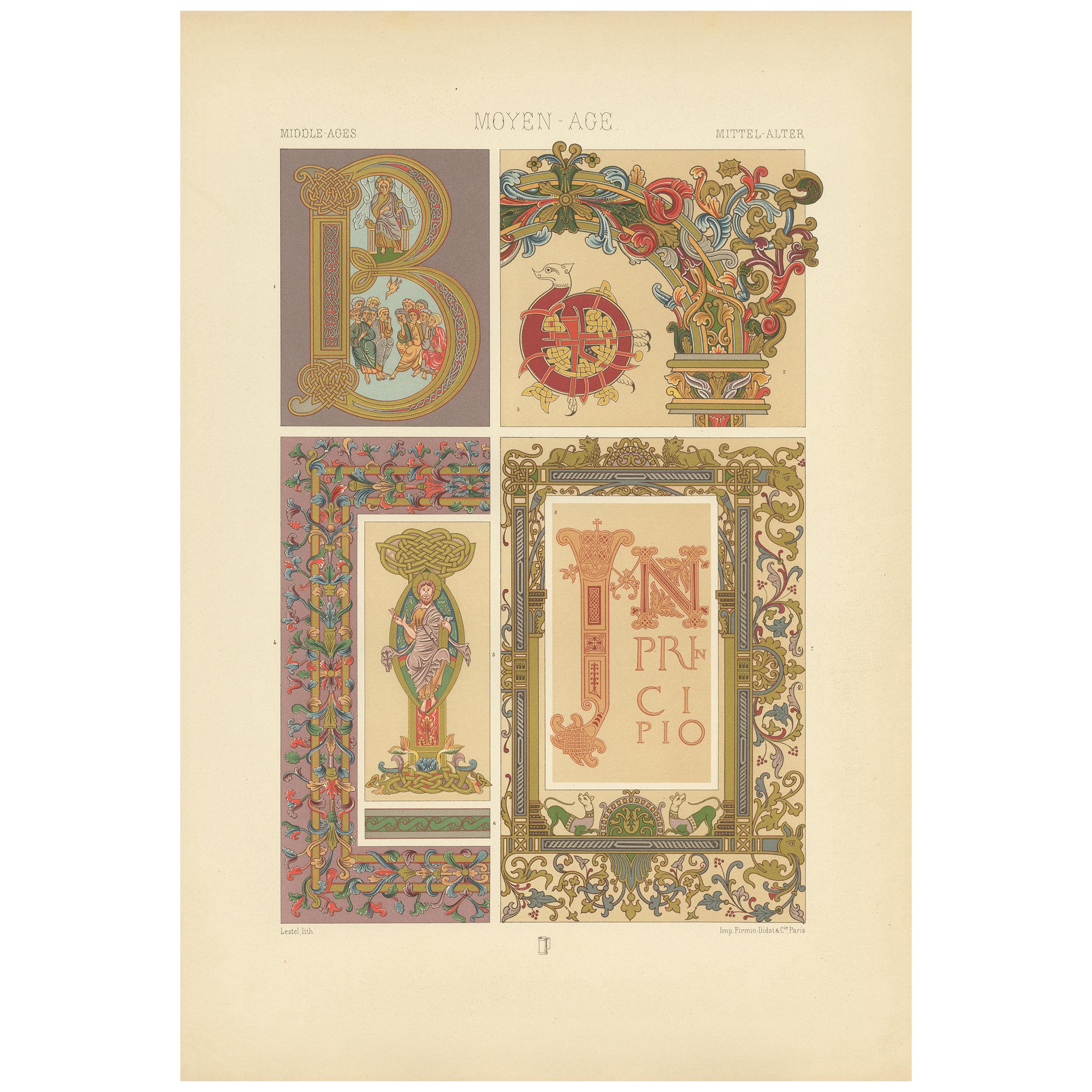 Decorative Antique Print of Manuscripts Decoration, Anglo-Saxon, circa 1890