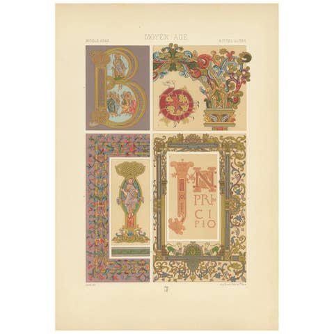 Decorative Antique Print of Manuscripts Decoration, Anglo-Saxon, circa 1890