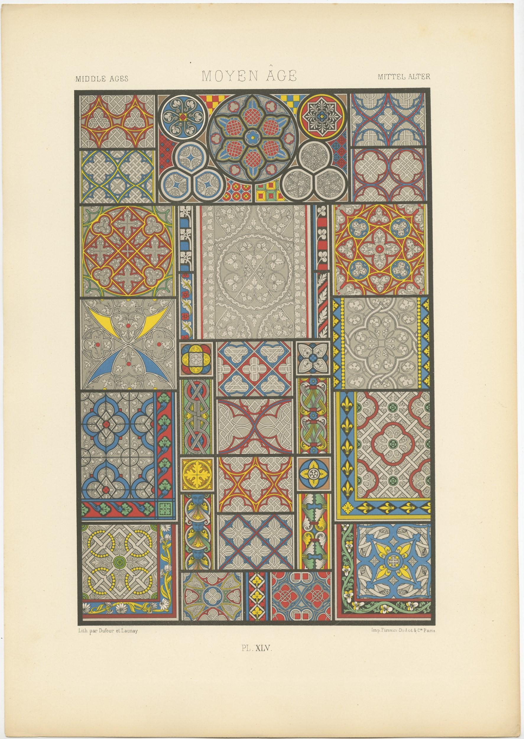 Antique print titled 'Middle Ages - Moyen Âge - Mittel Ages'. Chromolithograph of Middle Ages ornaments and decorative arts. This print originates from 'l'Ornement Polychrome' by Auguste Racinet. Published circa 1890.