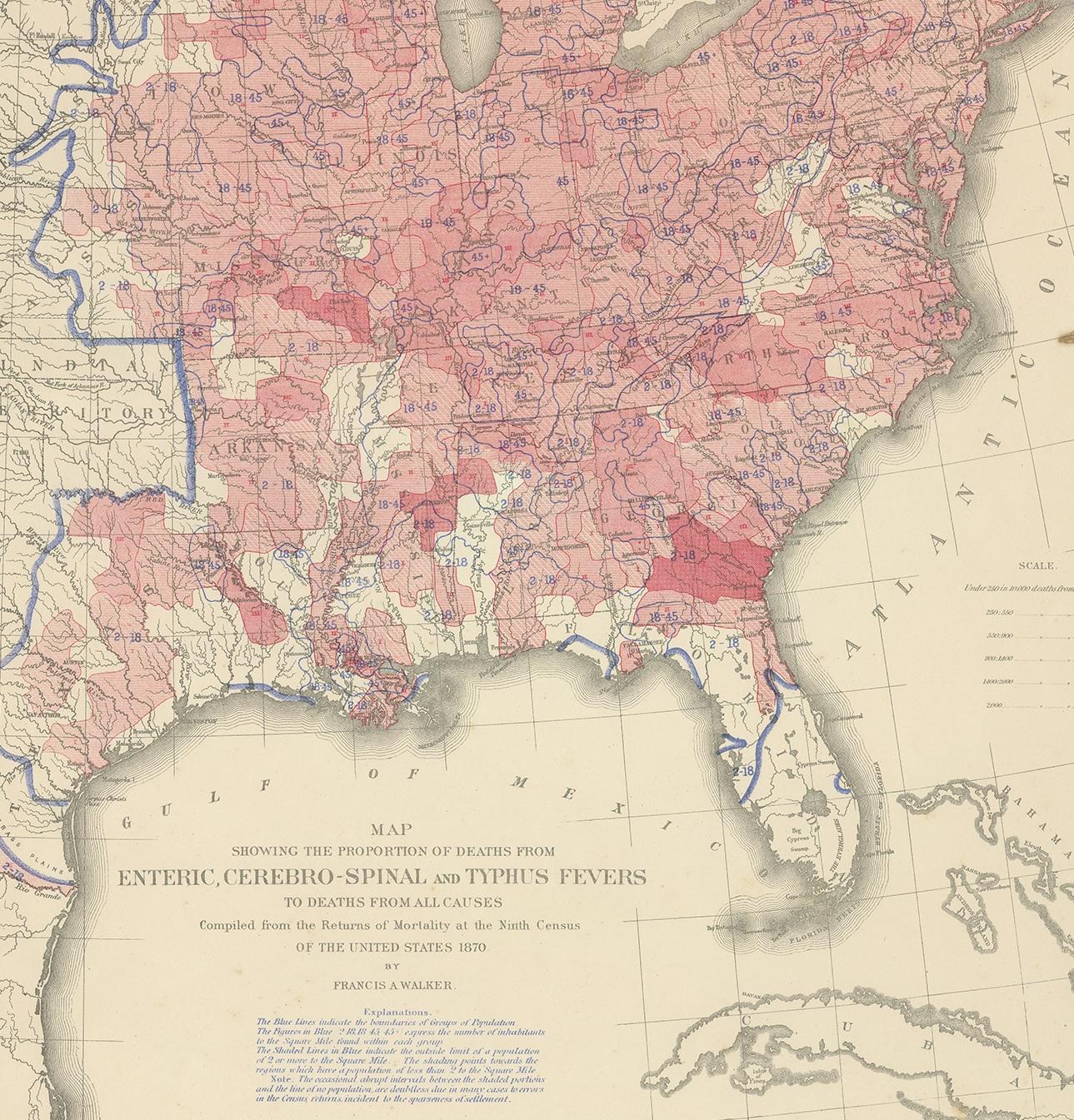 19th Century Antique Chart of the US Enteric, Cerebro-Spinal, Typhus Deaths, '1874' For Sale