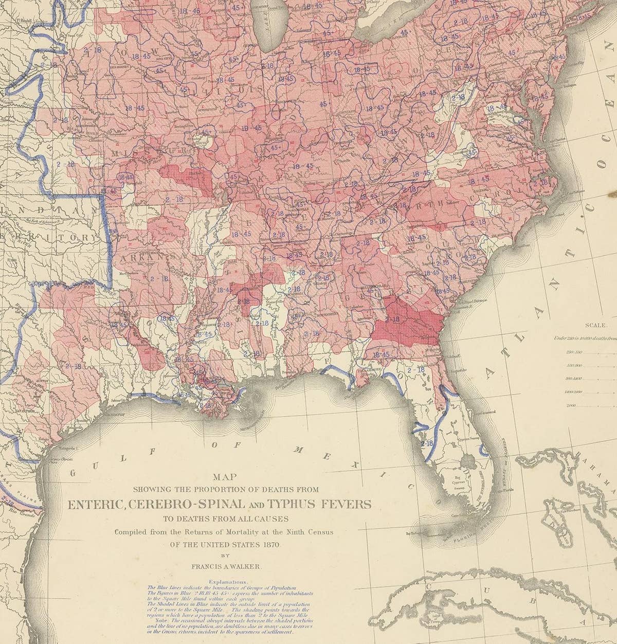 Antique Chart of the US Enteric, Cerebro-Spinal, Typhus Deaths, '1874'