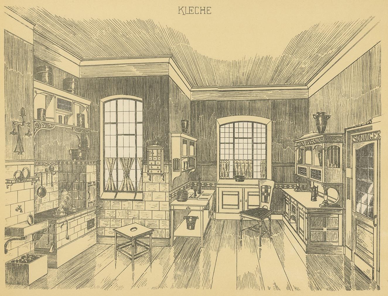 Antique print titled 'Kleche'. Lithograph of a kitchen. This print originates from 'Det Moderna Hemmet' by Johannes Kramer. Published by Ferdinand Hey'l, circa 1910.