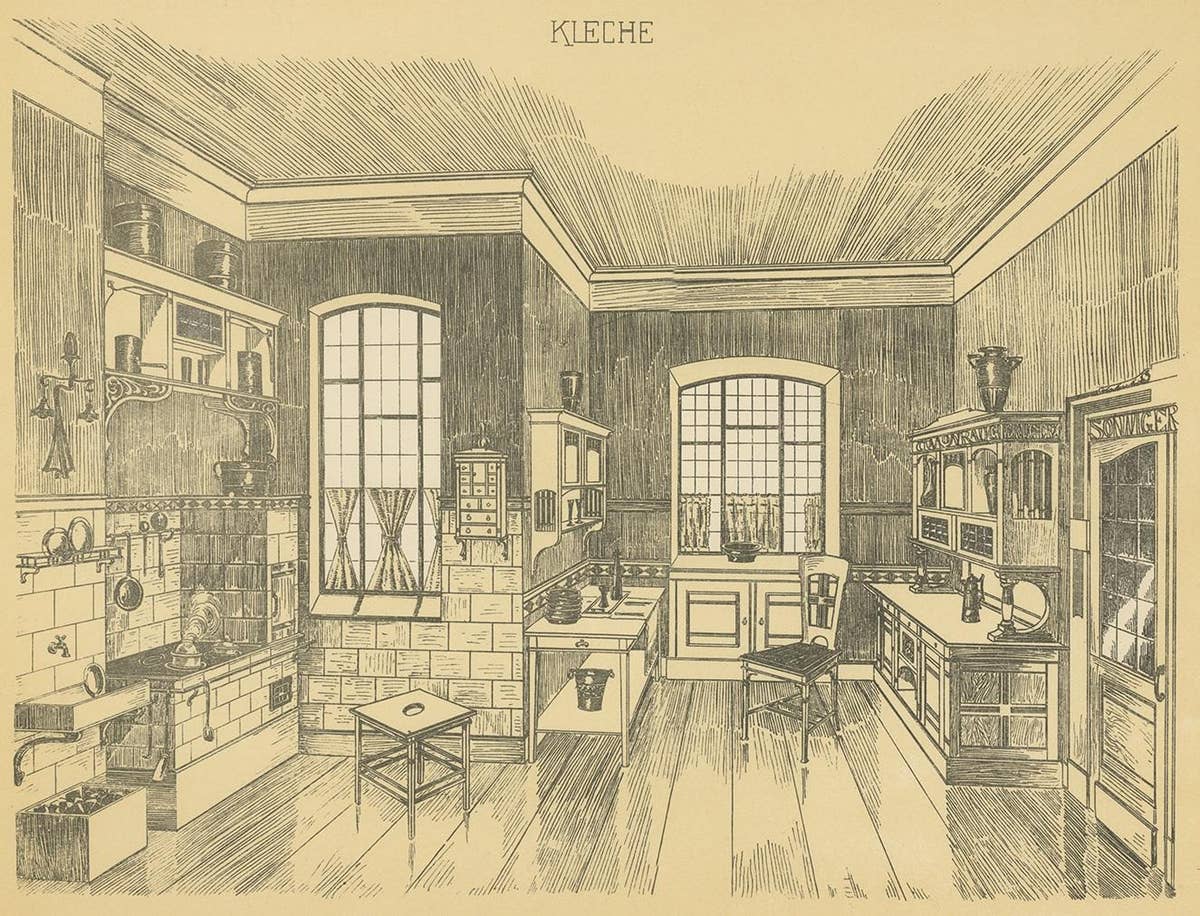 Pl. 46 Antique Print of a Kitchen by Kramer, circa 1910