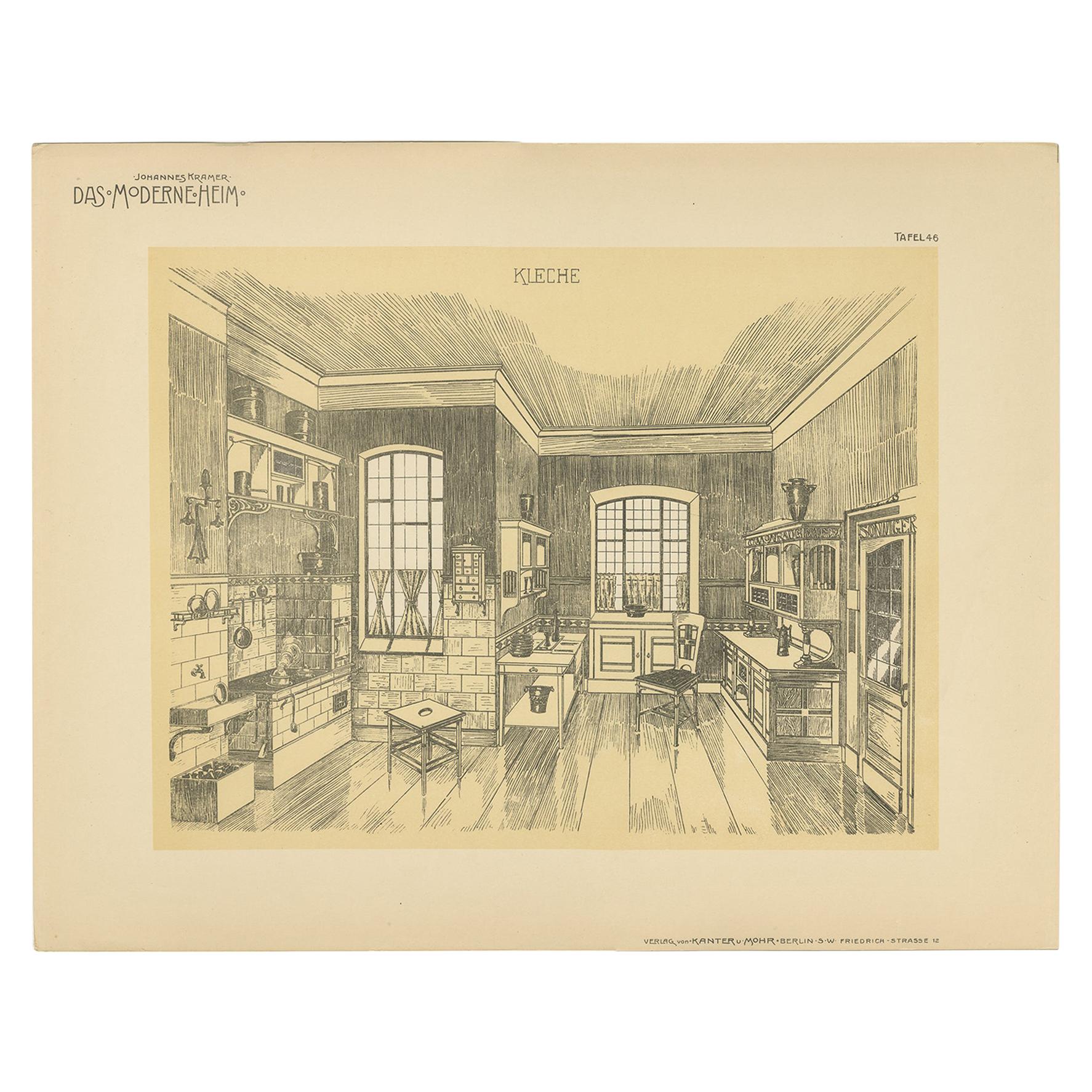 Pl. 46 Antique Print of a Kitchen by Kramer, circa 1910 For Sale