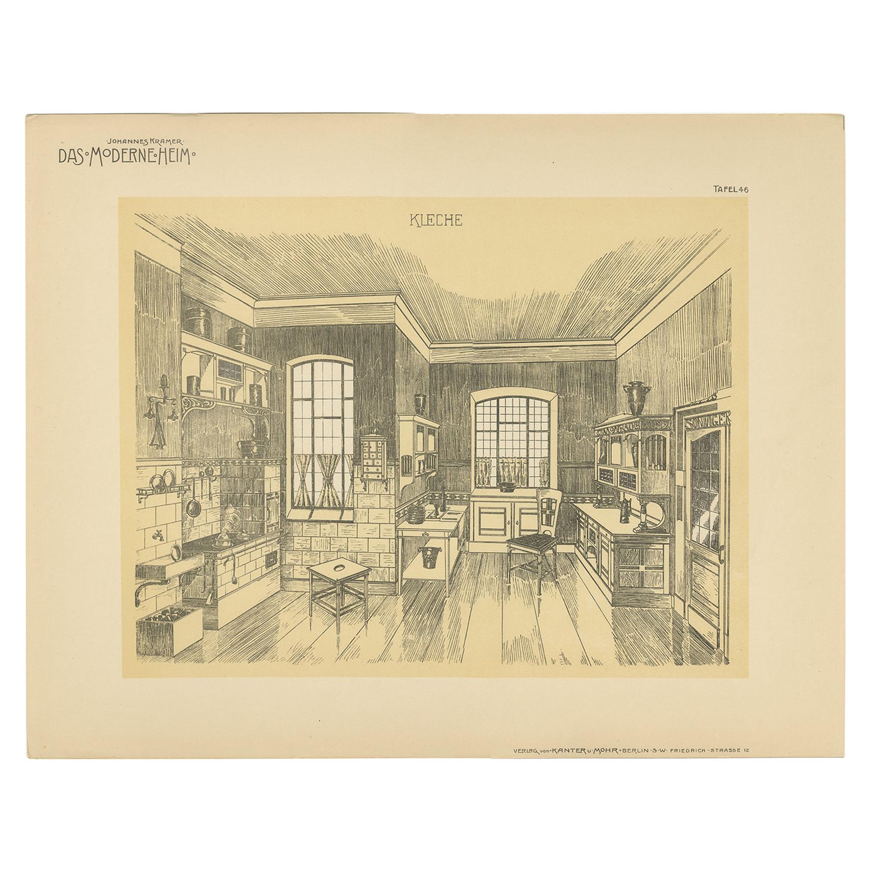 Pl. 46 Antique Print of a Kitchen by Kramer, circa 1910