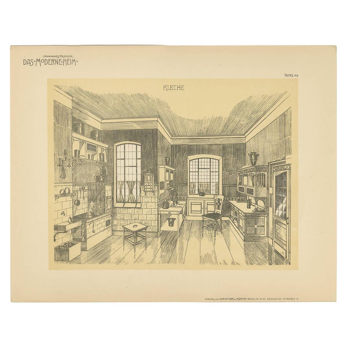 Pl. 46 Antique Print of a Kitchen by Kramer, circa 1910