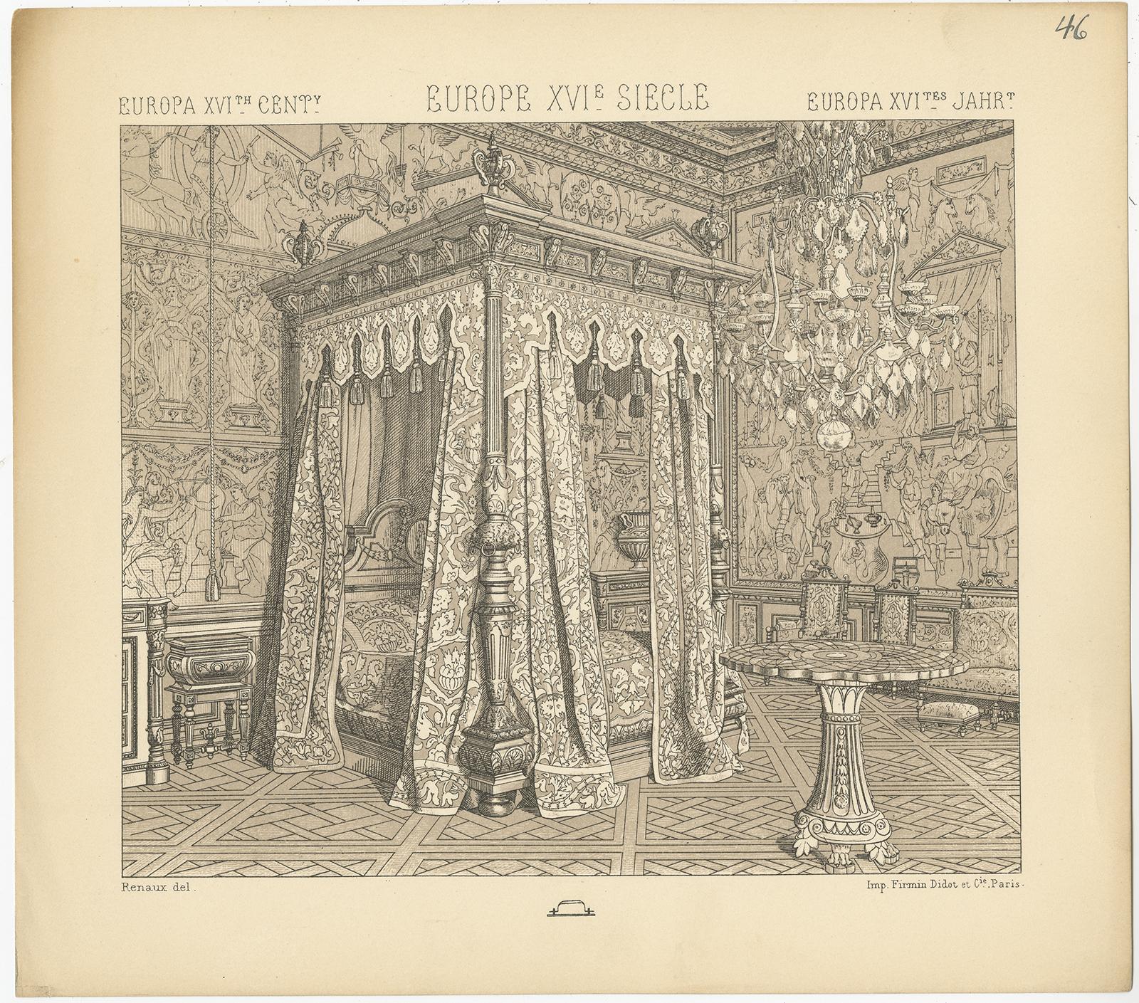 Antique print titled 'Europa XVIth Cent - Europe XVIe, Siecle - Europa XVItes Jahr'. Chromolithograph of European 16th century bedroom. This print originates from 'Le Costume Historique' by M.A. Racinet. Published circa 1880.