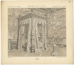 Pl. 46 Antique Print of European 16th Century Bedroom by Racinet, circa 1880