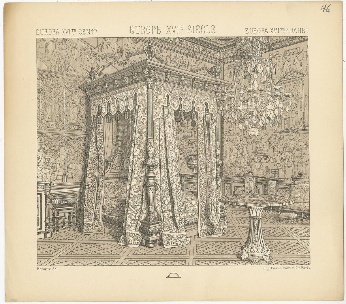 Pl. 46 Antique Print of European 16th Century Bedroom by Racinet, circa 1880