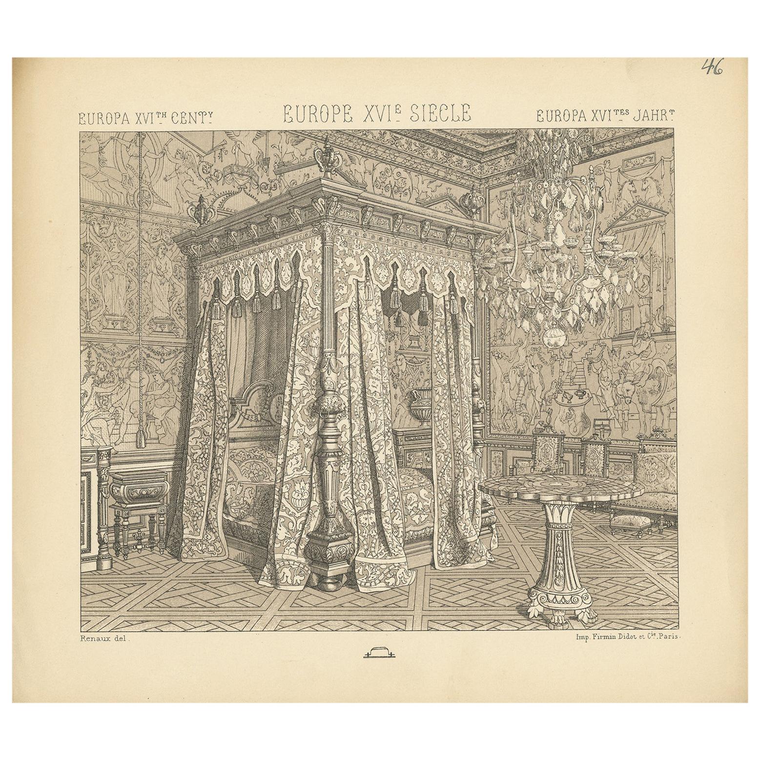 Pl. 46 Antique Print of European 16th Century Bedroom by Racinet, circa 1880