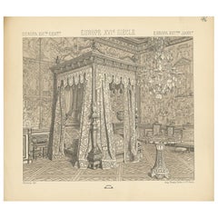 Pl. 46 Antique Print of European 16th Century Bedroom by Racinet, circa 1880