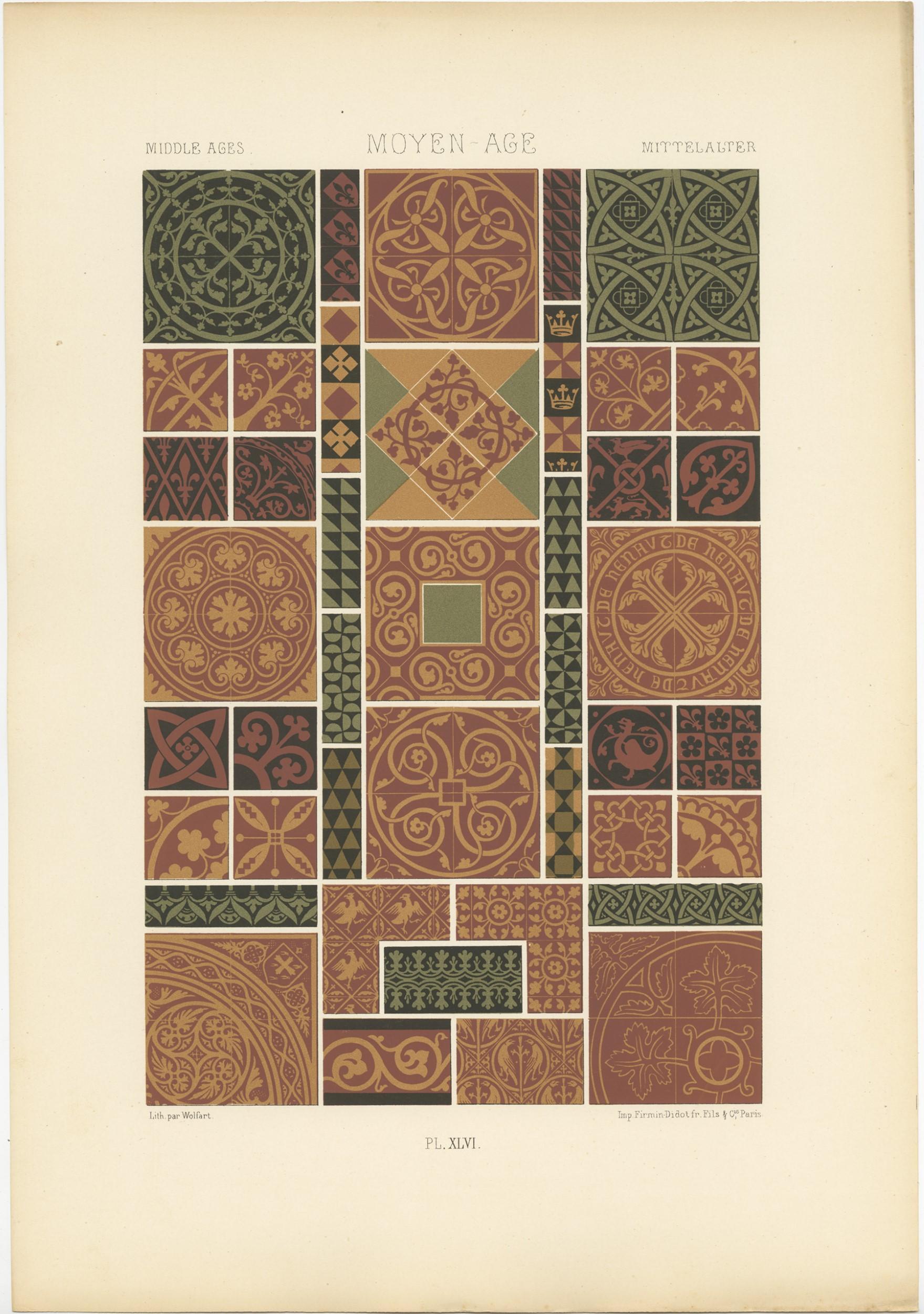 Antique print titled 'Middle Ages - Moyen Âge - Mittel Ages'. Chromolithograph of Middle Ages ornaments and decorative arts. This print originates from 'l'Ornement Polychrome' by Auguste Racinet. Published circa 1890.