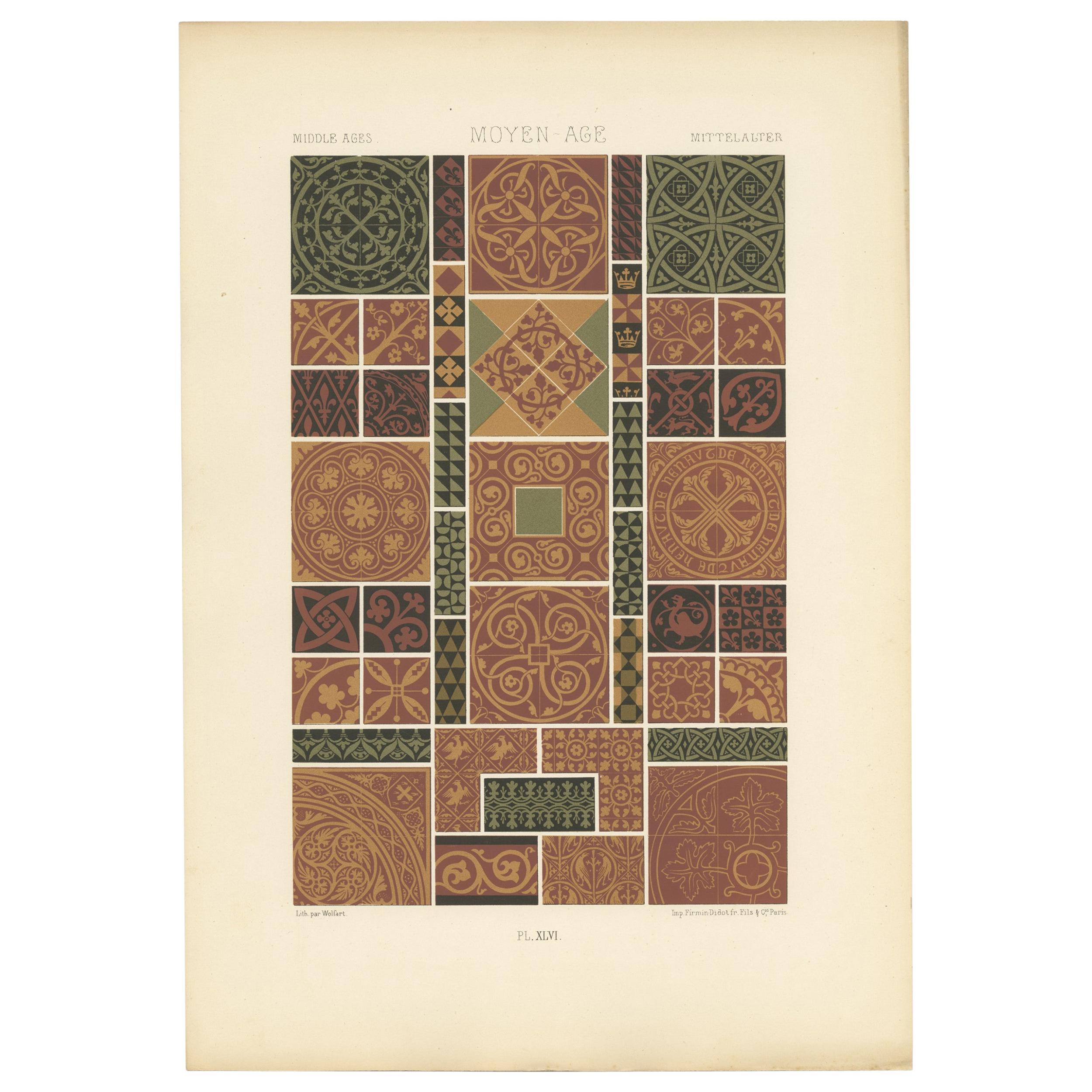 Pl. 46 Antique Print of Middle Ages Ornaments by Racinet, circa 1890 For Sale