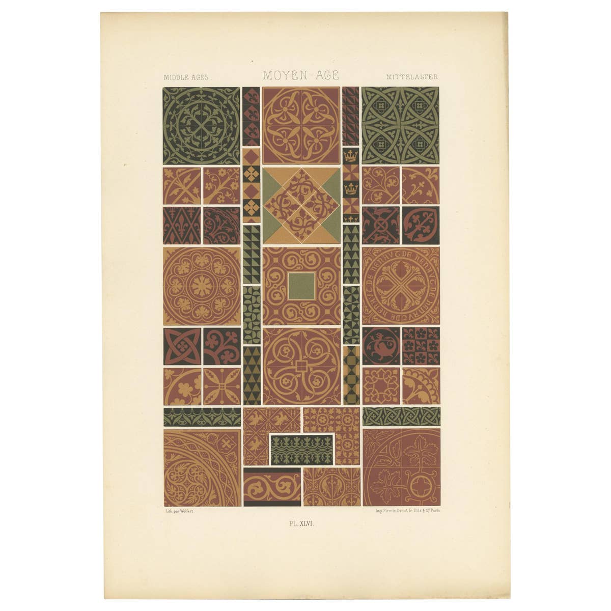 Pl. 46 Antique Print of Middle Ages Ornaments by Racinet, circa 1890