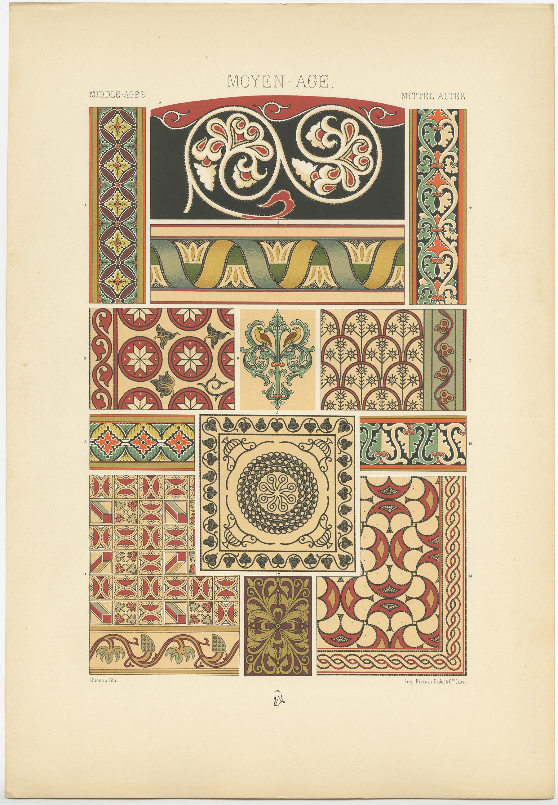 Antique print titled 'Middle Ages - Moyen Age - Mittel Alter'. Chromolithograph of Mosaic and painted ornament, France, late Roman to Romanesque periods
ornaments. This print originates from 'l'Ornement Polychrome' by Auguste Racinet. Published,
