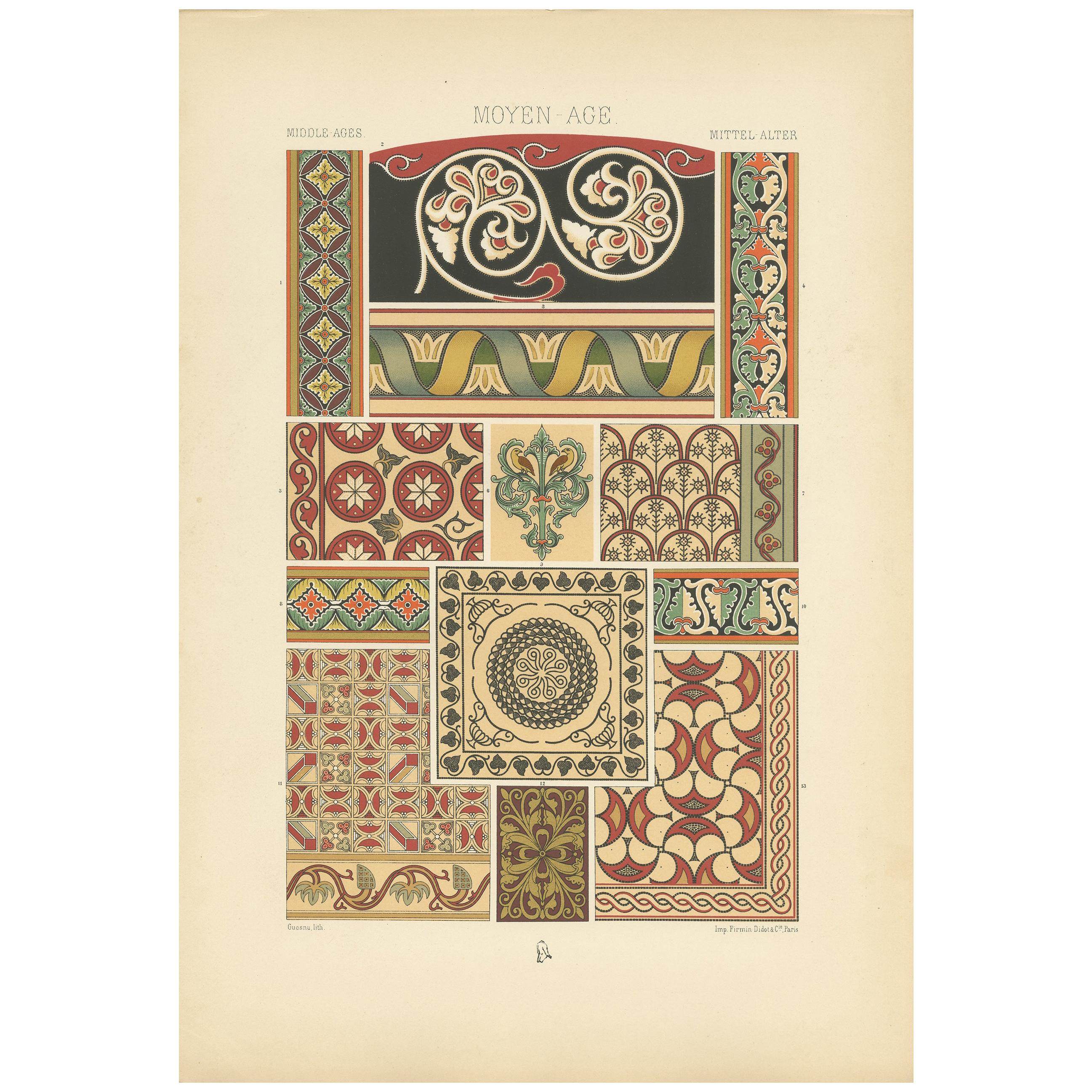 Pl. 46 Antique Print of Mosaic and Painted Ornament by Racinet, circa 1890