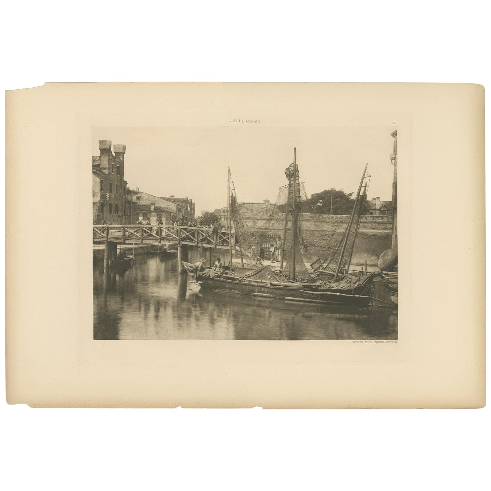 Pl. 47 Antique Print of a Canal in the Giudecca Island of Venice 'circa 1890' For Sale