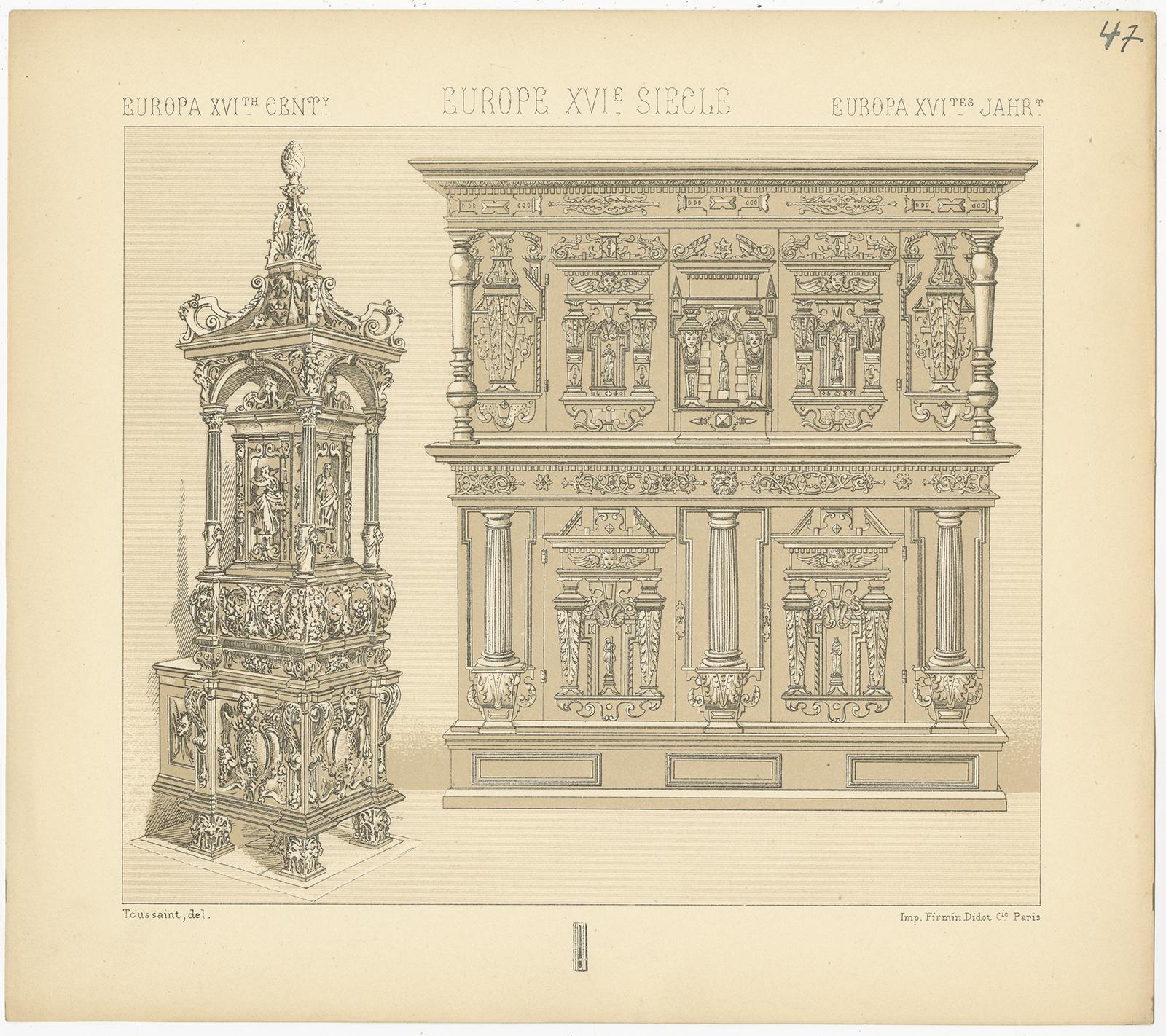 Antique print titled 'Europa XVIth Cent - Europe XVIe, Siecle - Europa XVItes Jahr'. Chromolithograph of European XVIth Century Decorative Objects. This print originates from 'Le Costume Historique' by M.A. Racinet. Published, circa 1880.