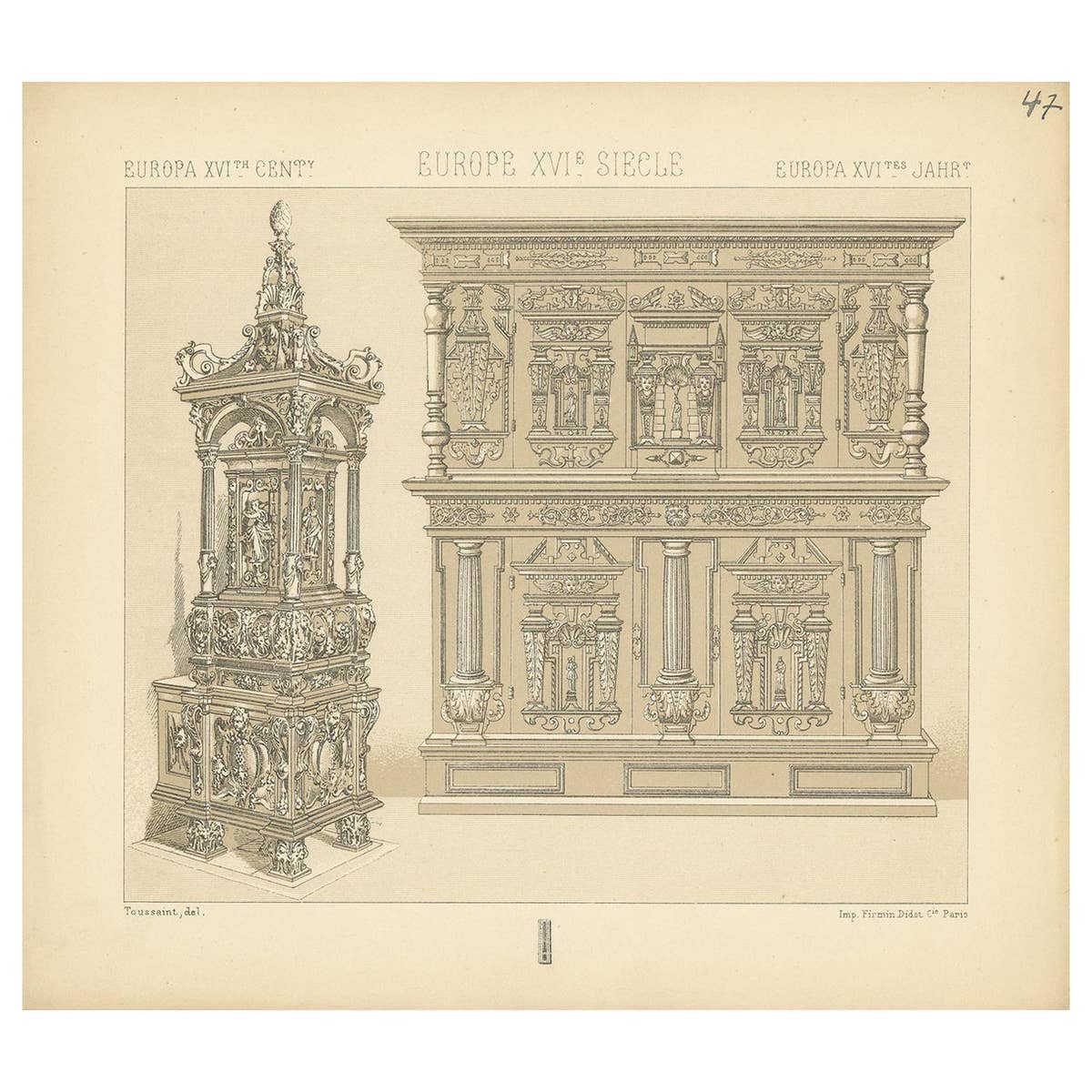 Pl. 47 Antique Print of European XVIth Century Decorative Objects by Racinet