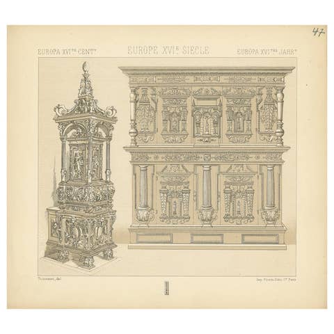 Pl. 47 Antique Print of European XVIth Century Decorative Objects by Racinet