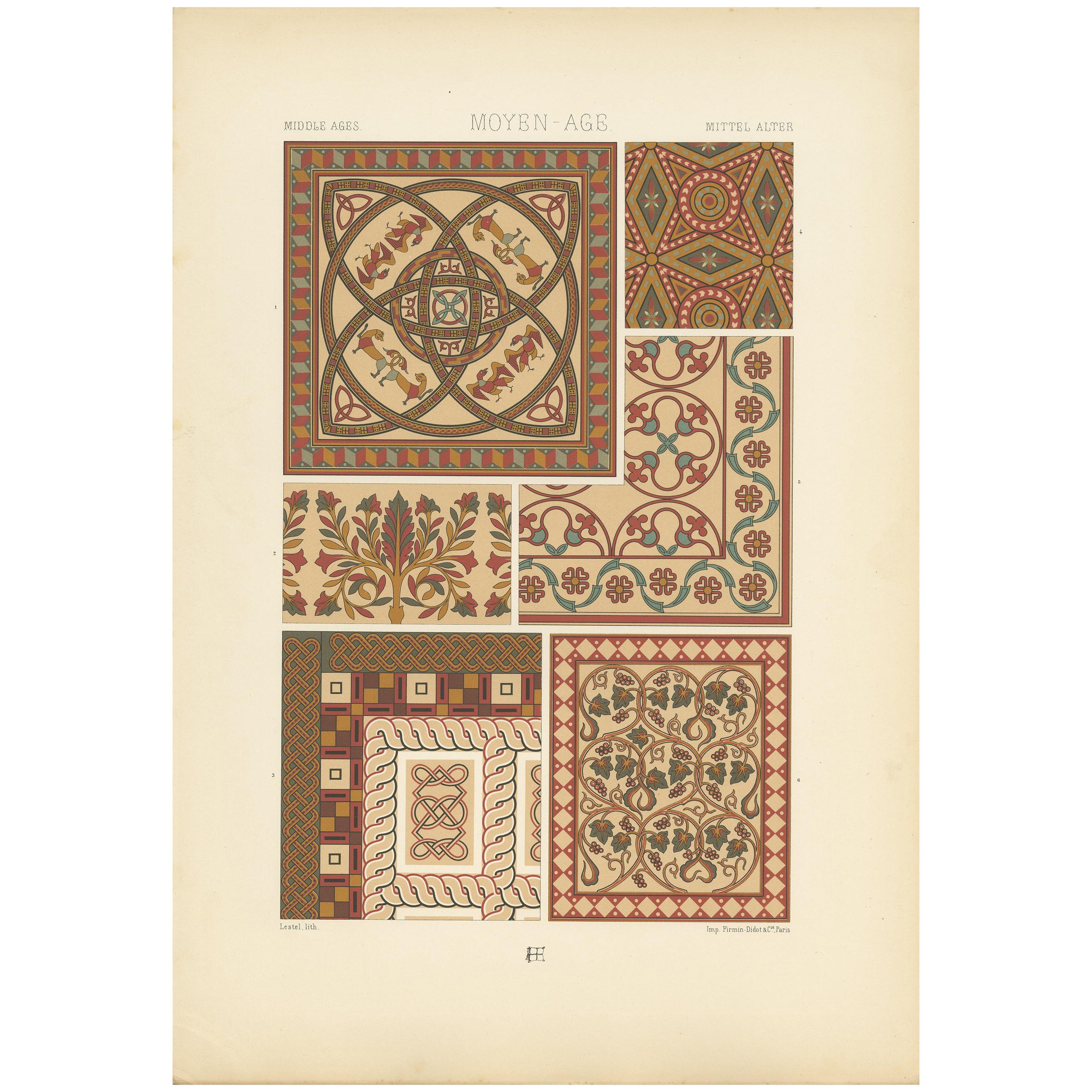 Decorative 80Print of Middle Ages Mosaic Design, France, circa 1890 For Sale