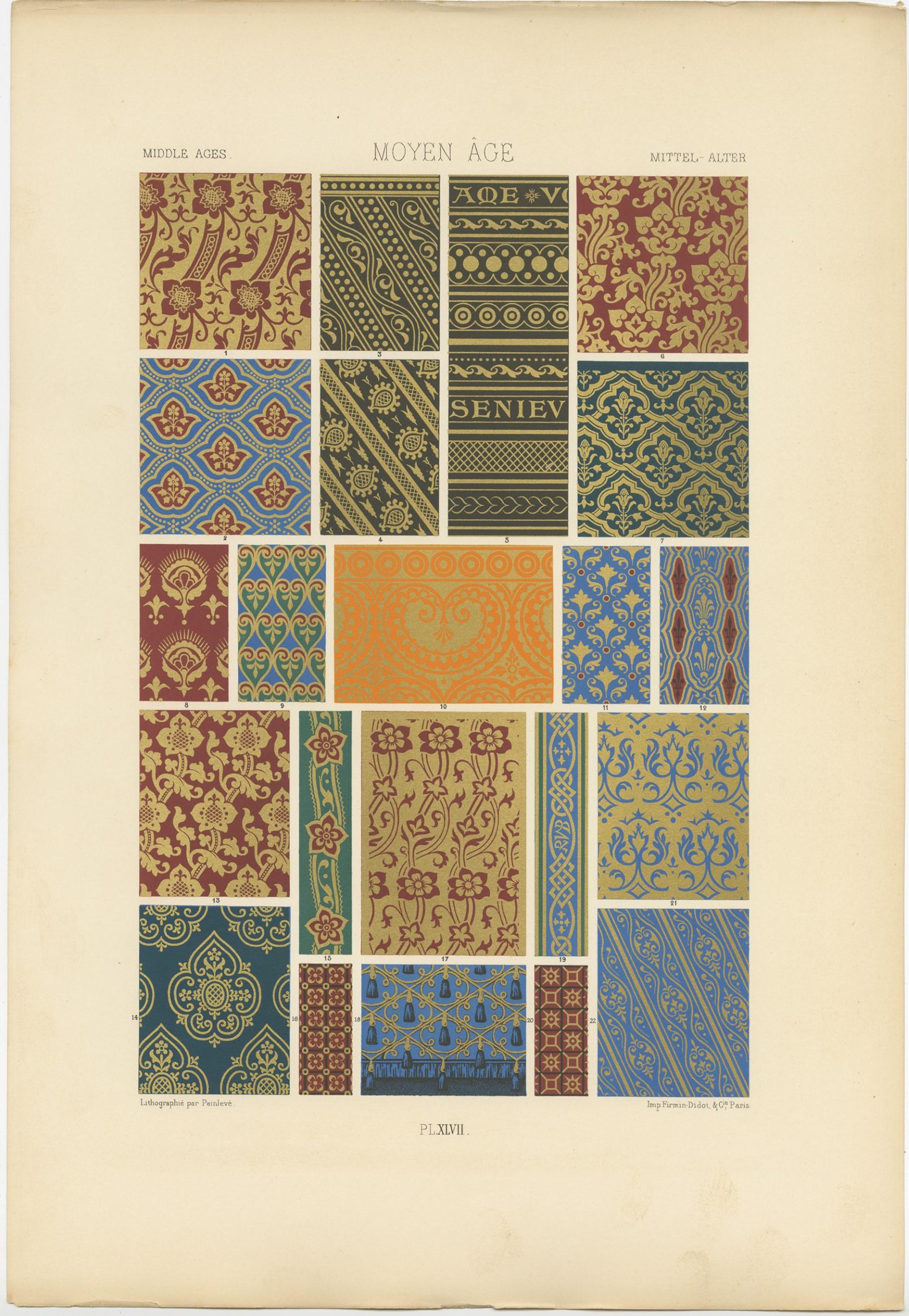 Antique print titled 'Middle Ages - Moyen Âge - Mittel Ages'. Chromolithograph of Middle Ages ornaments and decorative arts. This print originates from 'l'Ornement Polychrome' by Auguste Racinet. Published, circa 1890.