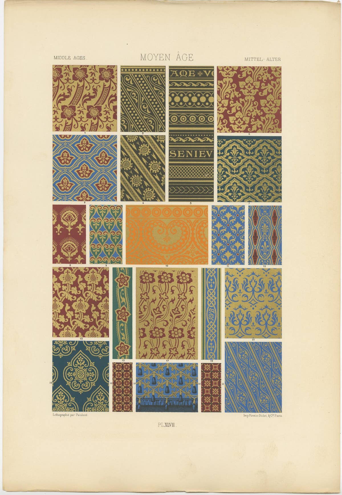 Pl. 47 Antique Print of Middle Ages Ornaments by Racinet, 'circa 1890'