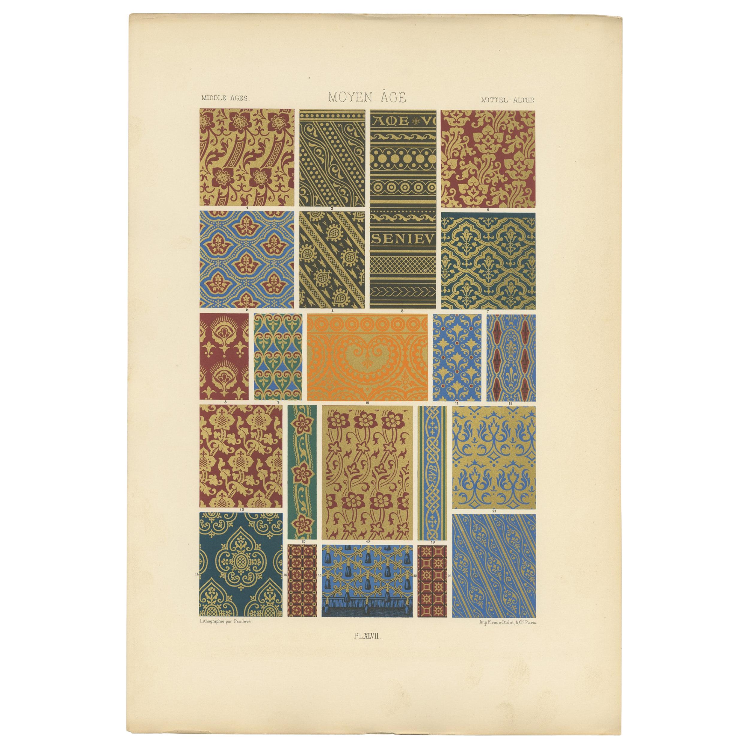 Pl. 47 Antique Print of Middle Ages Ornaments by Racinet, 'circa 1890' For Sale