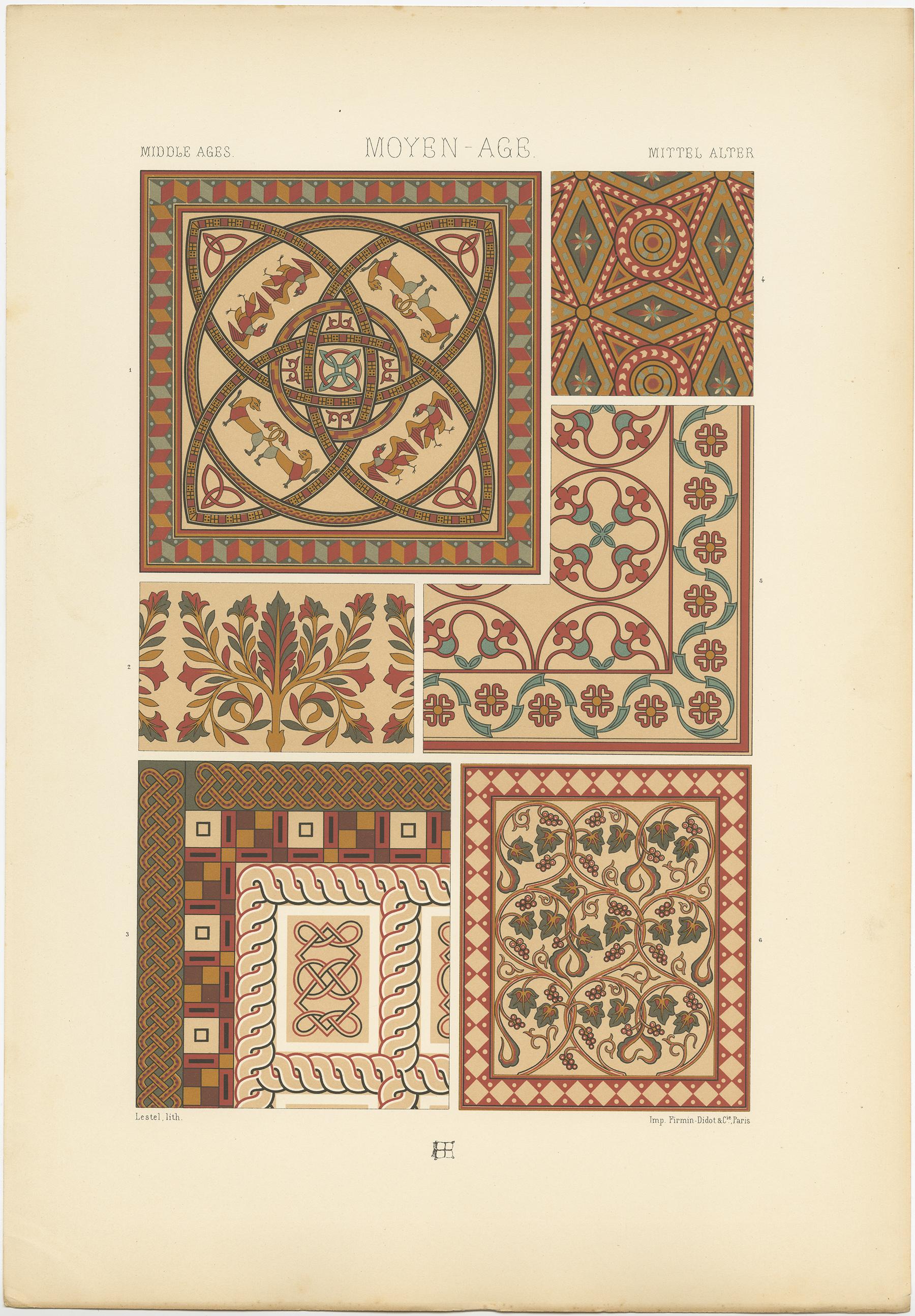 Antique print titled 'Middle Ages - Moyen Age - Mittel Alter'. Chromolithograph of mosaic design, France, late Roman to Romanesque periods
ornaments. This print originates from 'l'Ornement Polychrome' by Auguste Racinet. Published circa 1890.