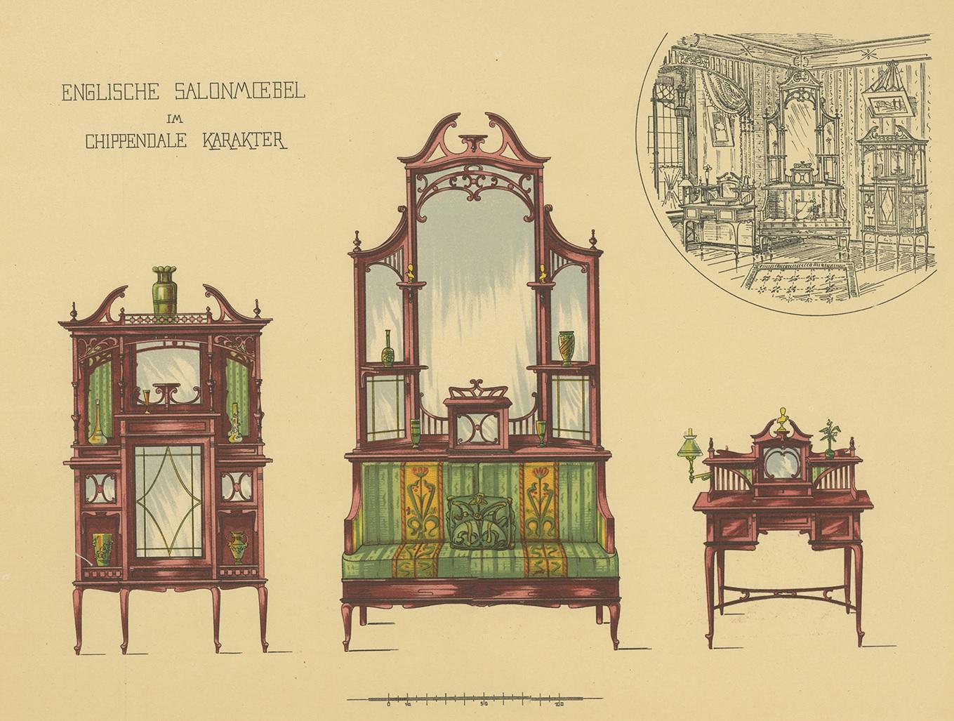 Pl. 47 Antique Print of Salon Furniture by Kramer, circa 1910 In Good Condition For Sale In Langweer, NL