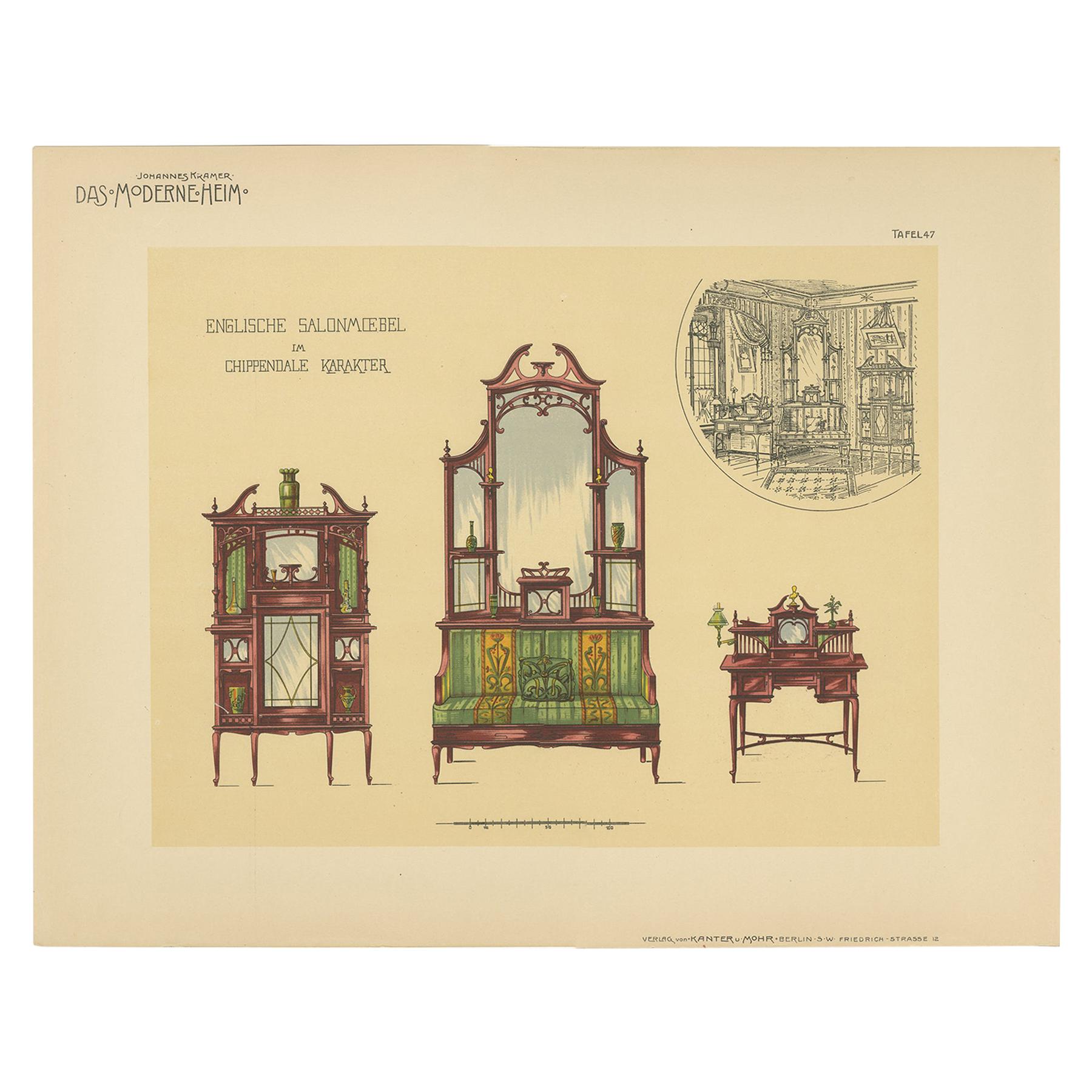 Pl. 47 Antique Print of Salon Furniture by Kramer, circa 1910 For Sale
