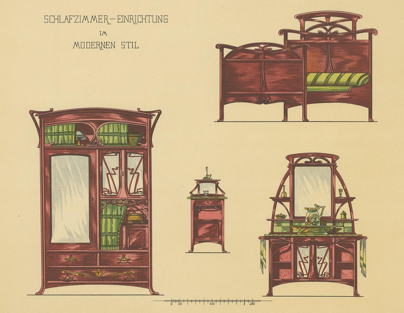 Antique print titled 'Schlafzimmer-Einrichtung im Modernen Stil'. Lithograph of bedroom furniture. This print originates from 'Det Moderna Hemmet' by Johannes Kramer. Published by Ferdinand Hey'l, circa 1910.