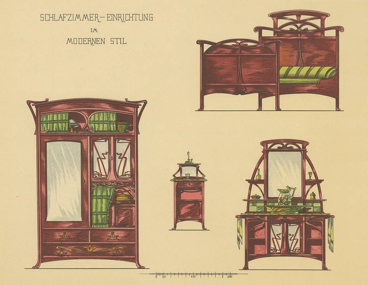 Pl. 48 Antique Print of Bedroom Furniture by Kramer, circa 1910