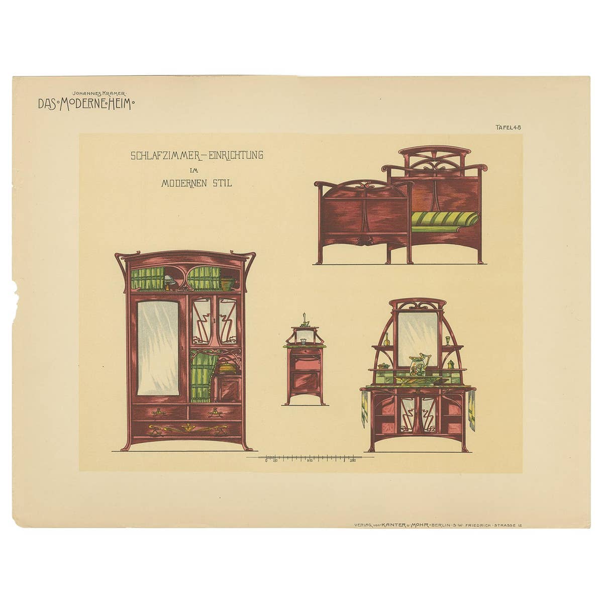Pl. 48 Antique Print of Bedroom Furniture by Kramer, circa 1910