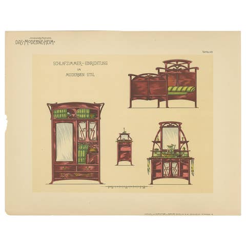 Pl. 48 Antique Print of Bedroom Furniture by Kramer, circa 1910