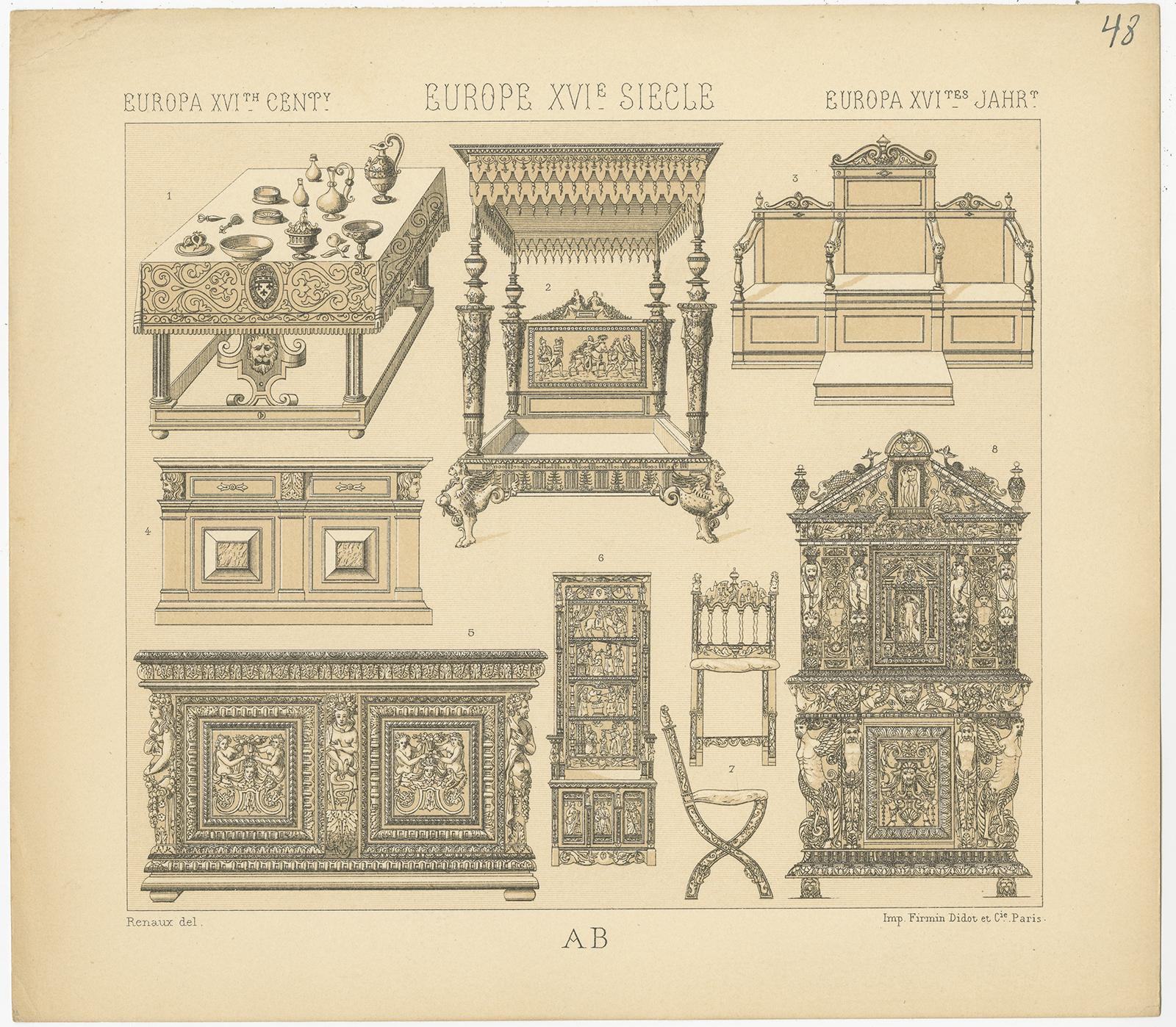 Antique print titled 'Europa XVIth Cent - EuropeXVIe, Siecle - Europa XVItes Jahr'. Chromolithograph of European XVIth Century Furniture. This print originates from 'Le Costume Historique' by M.A. Racinet. Published, circa 1880.