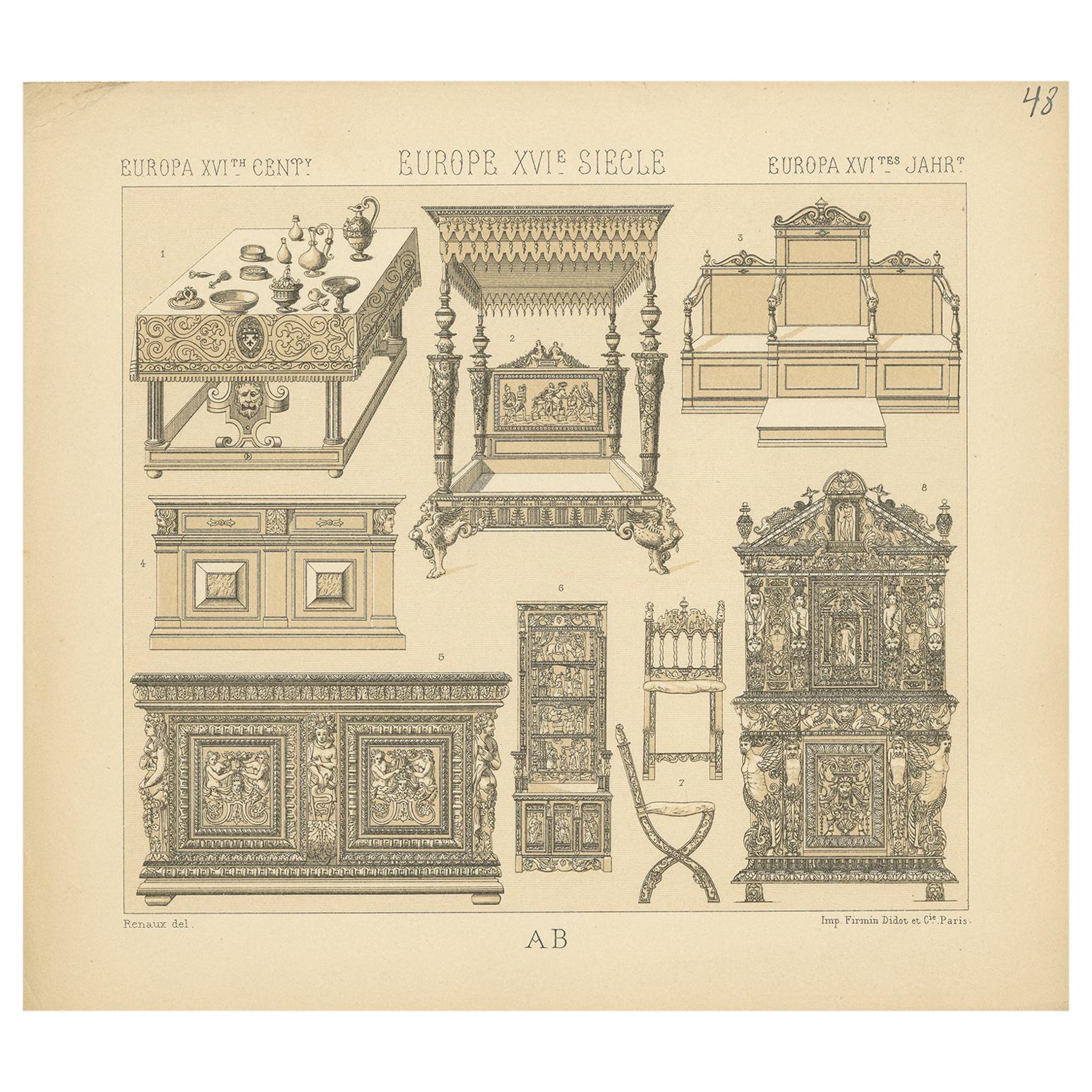 Pl. 48 Antique Print of European XVIth Century Furniture by Racinet, circa 1880 For Sale