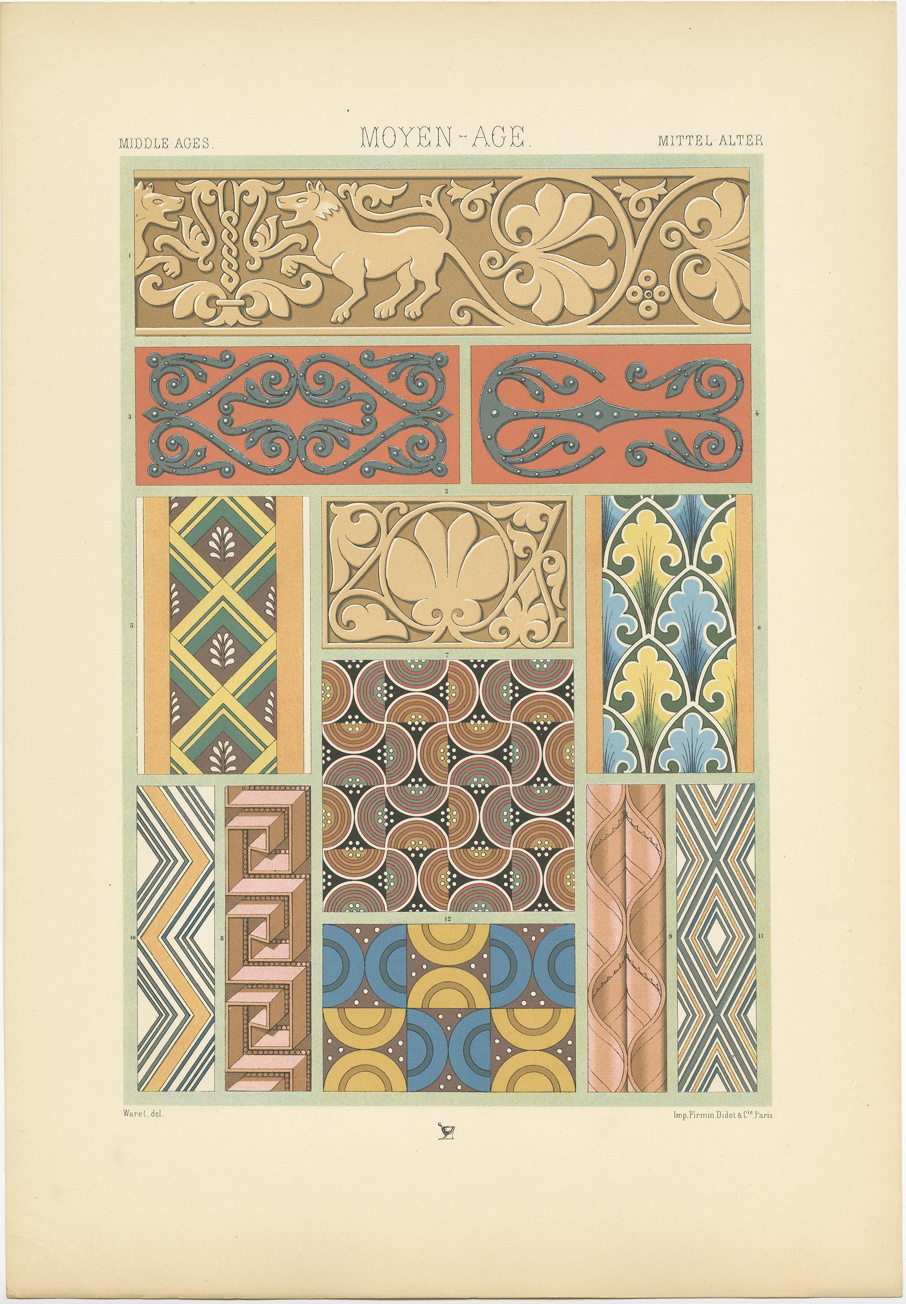 Antique print titled 'Middle Ages - Moyen Age - Mittel Alter'. Chromolithograph of Bas-Reliefs, ironwork and painting, France, 11th-14th centuries
ornaments. This print originates from 'l'Ornement Polychrome' by Auguste Racinet. Published, circa