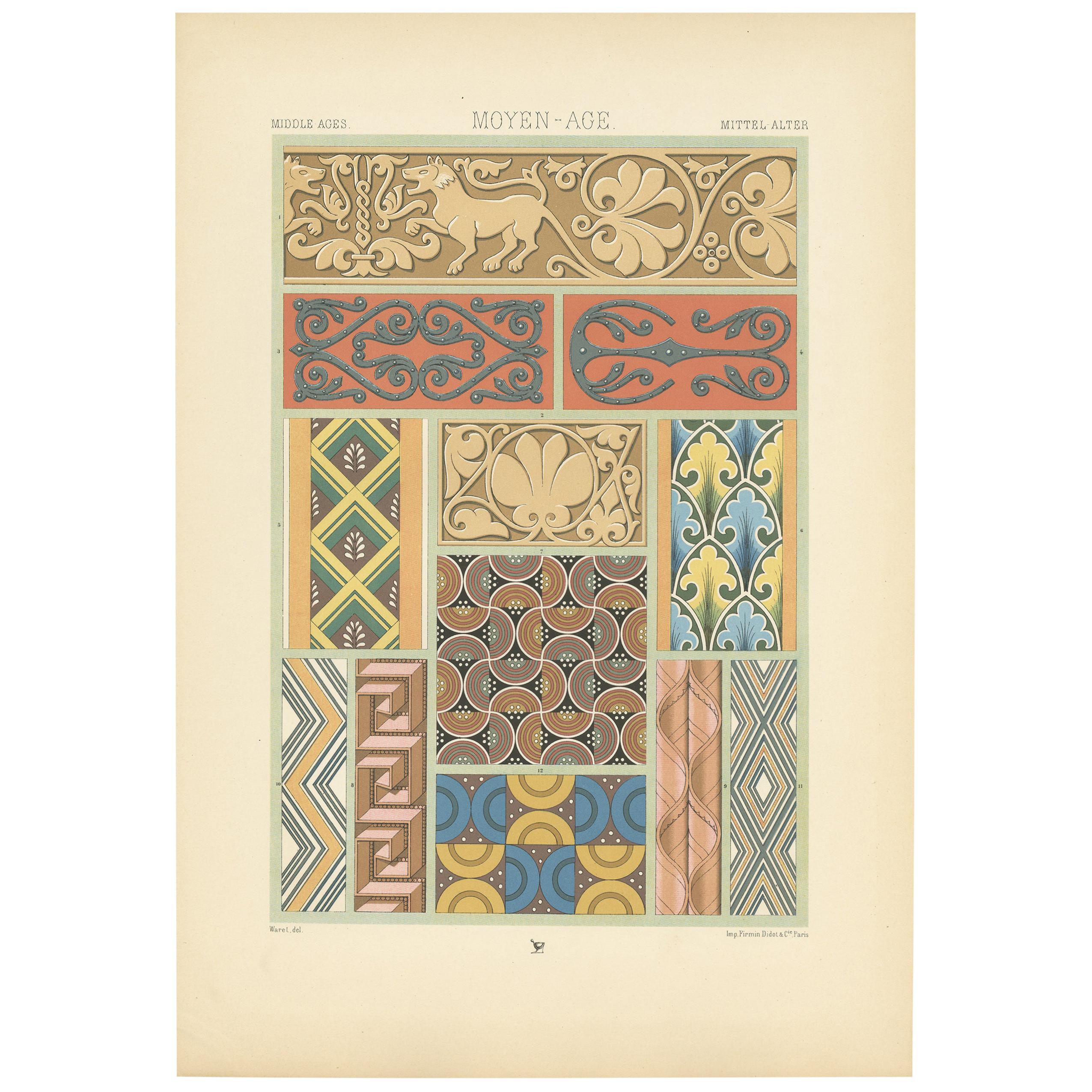 Pl. 48 Antique Print of Middle Ages Bas-Reliefs, Ironwork by Racinet, circa 1890 For Sale