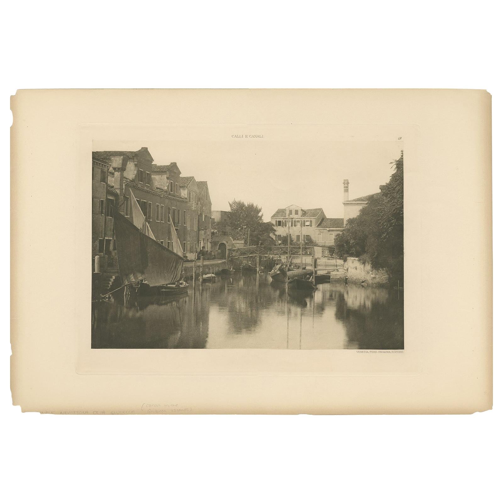 Pl. 49 Antique Print of a Canal in the Giudecca Island of Venice, circa 1890 For Sale