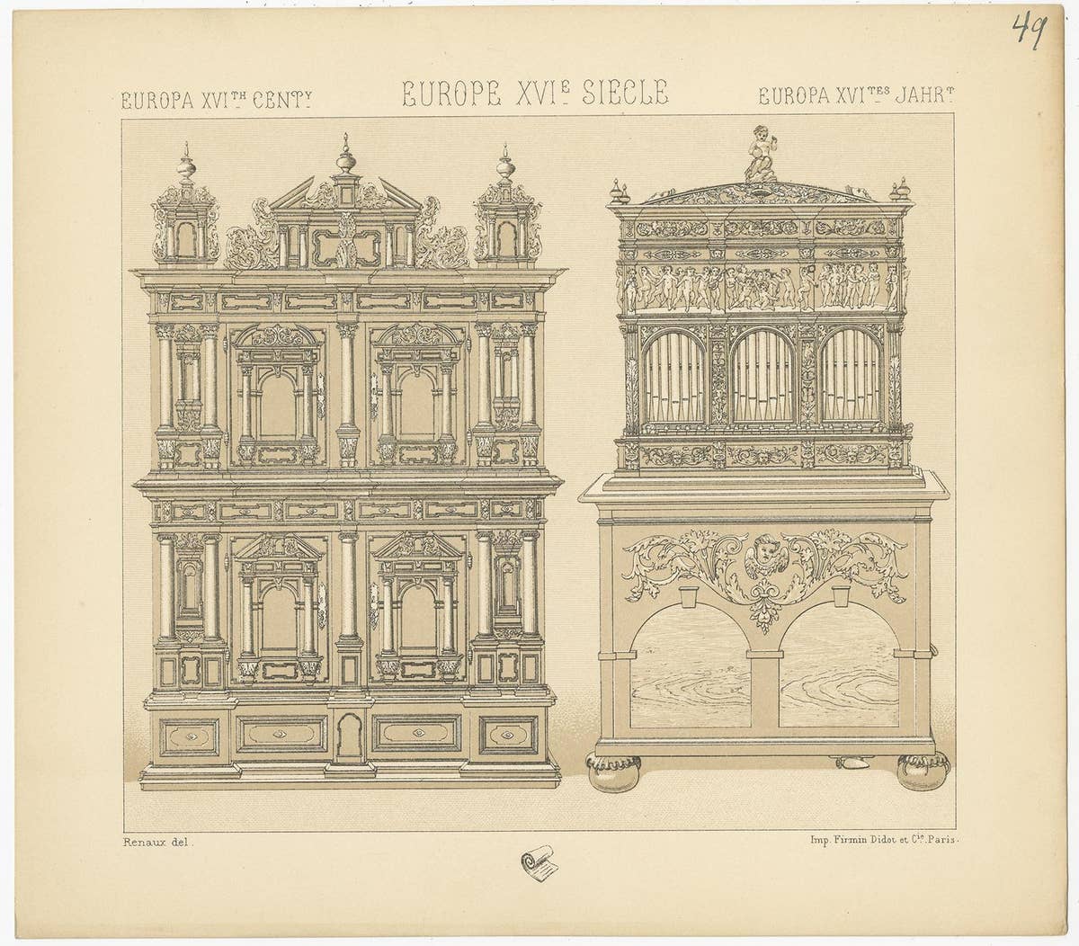 Pl. 49 Antique Print of European XVIth Century Furniture by Racinet, circa 1880