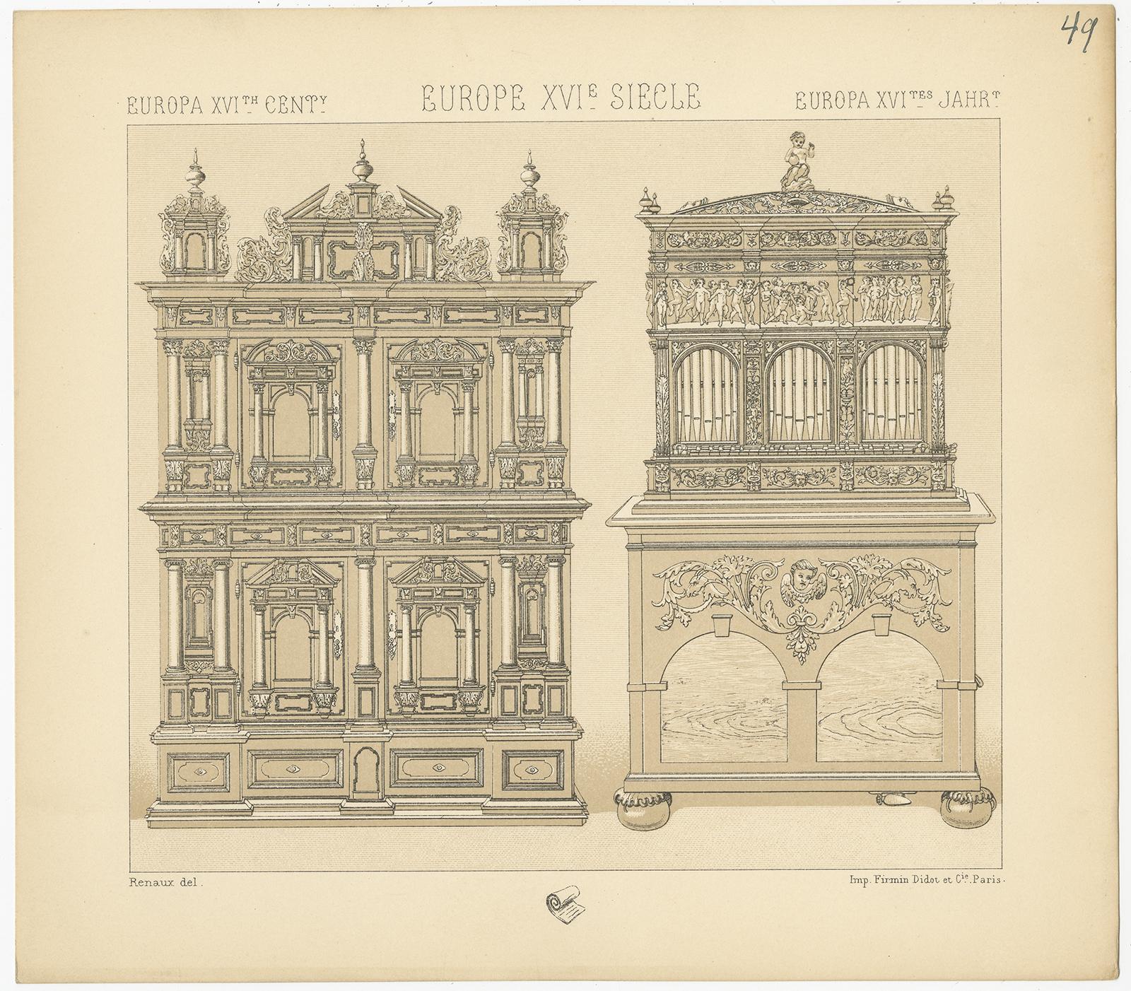 Pl. 49 Antique Print of European XVIth Century Furniture by Racinet, circa 1880 In Good Condition For Sale In Langweer, NL
