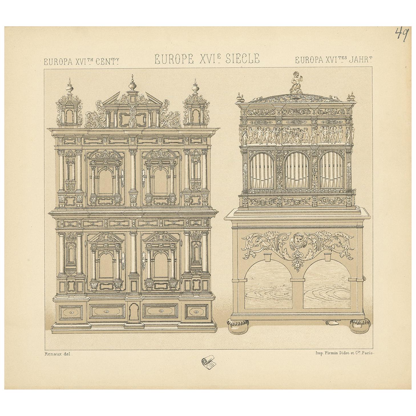 Pl. 49 Antique Print of European XVIth Century Furniture by Racinet, circa 1880 For Sale