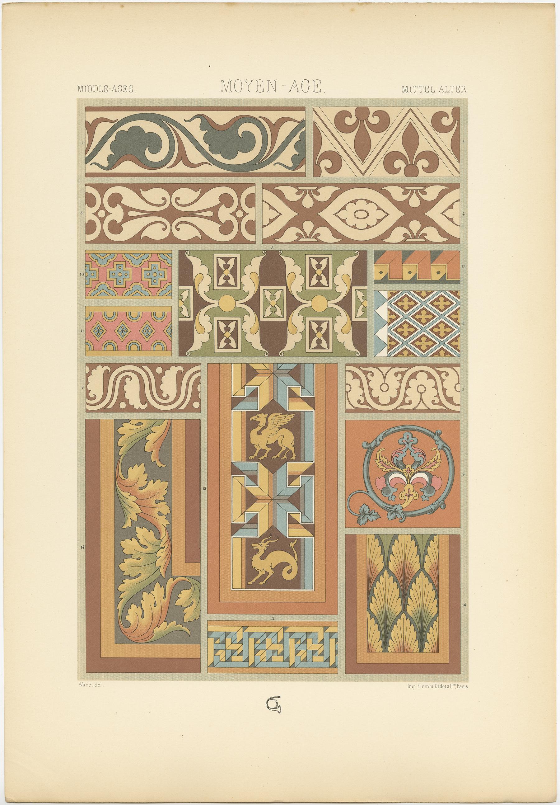 Gravure ancienne intitulée 'Middle Ages - Moyen Age - Mittel Alter'. Chromolithographie de motifs muraux provenant d'édifices ecclésiastiques, France, XIe-XIVe siècles 
ornements. Cette estampe est tirée de l'Ornement Polychrome d'Auguste Racinet.