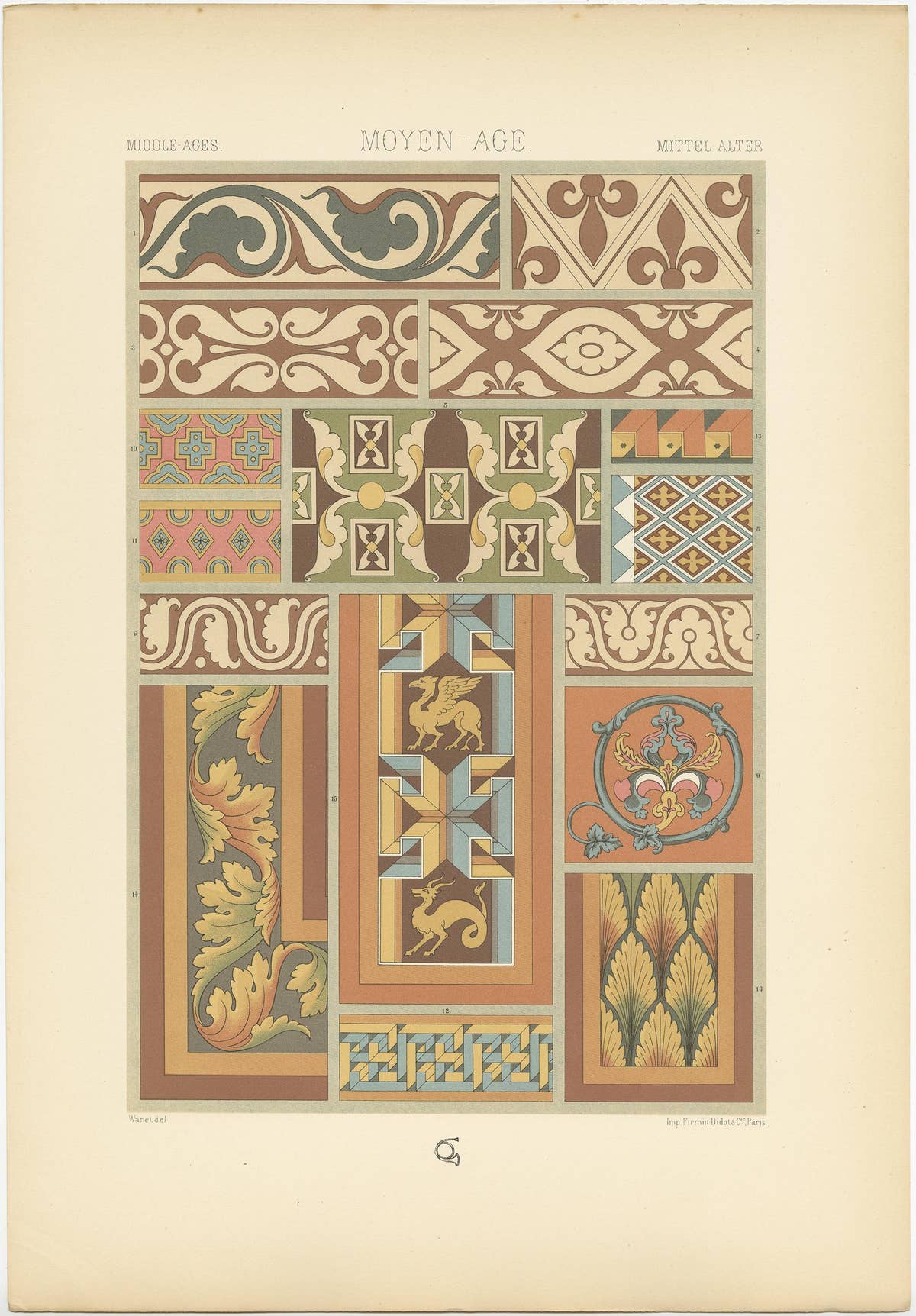 Pl. 49 Antique Print of Middle Ages Mural Motifs Buildings by Racinet circa 1890